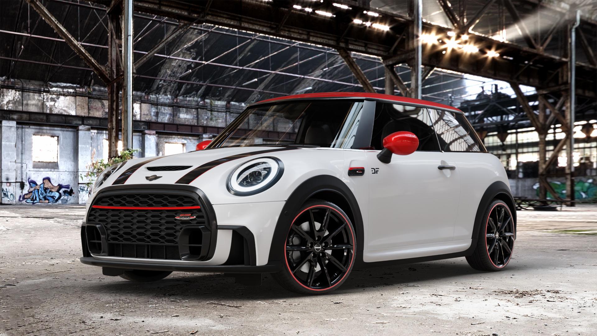 Borbet LX19 black glossy rim red Felge mit Reifen schwarz rot mehrfarbig in 19Zoll Winterfelge Alufelge auf weissem Mini F56 Typ FML2 (3-Türer Limousine) Facelift 21-> 2,0l Cooper S 131kW (178 PS) 120kW (163 JCW 170kW (231 ⬇️ mit 15mm Tieferlegung ⬇️ Old Industrial Hall_max_4400mm_2024 Frontansicht_1