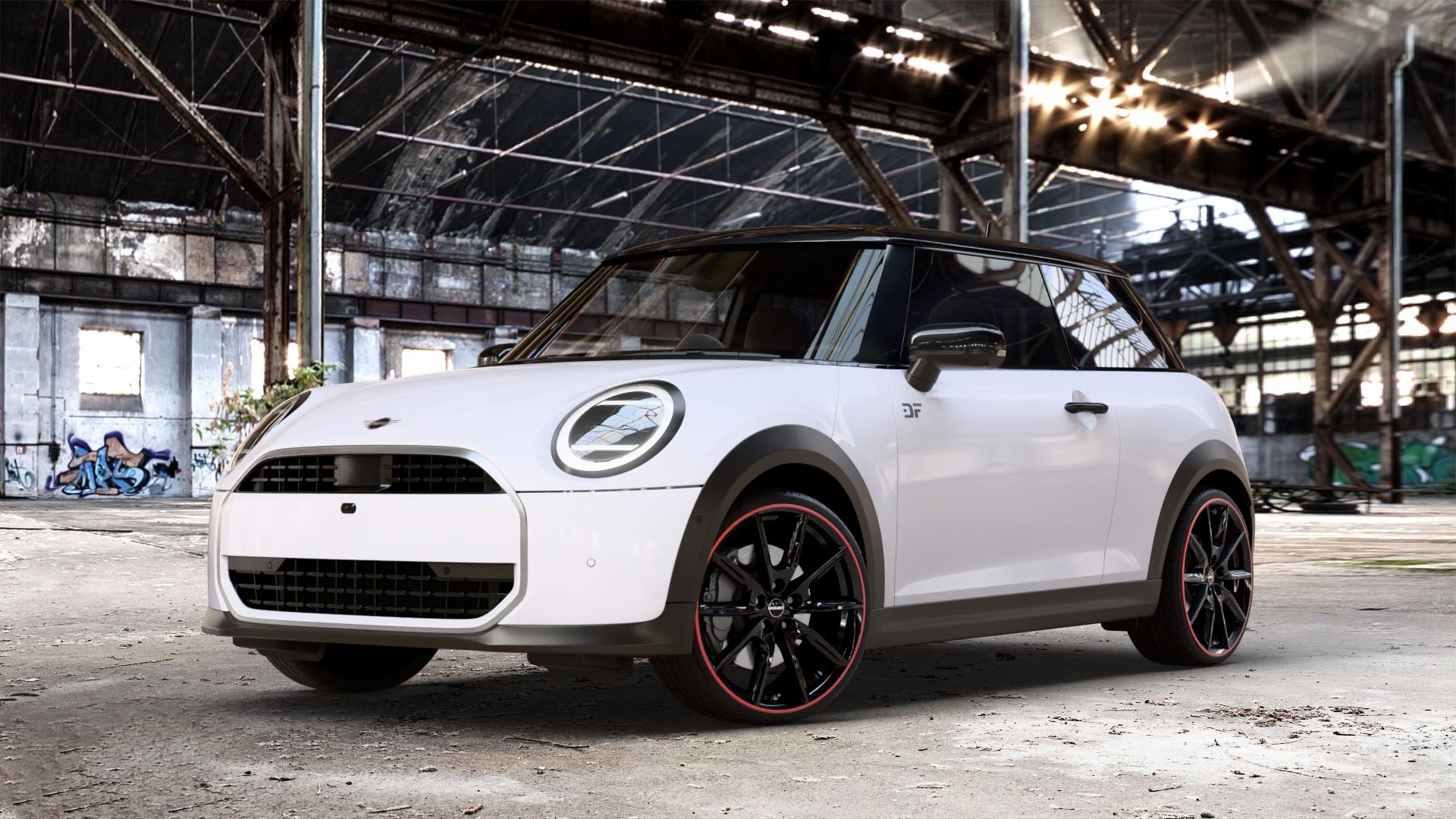Borbet LX19 black glossy rim red Felge mit Reifen schwarz rot mehrfarbig in 19Zoll Winterfelge Alufelge auf weissem Mini F66 Typ FM6 (3-Türer Limousine) 1,5l Cooper C 100kW (136 PS) 115kW (156 2,0l S 150kW (204 JCW 170kW (231 ⬇️ mit 15mm Tieferlegung ⬇️ Old Industrial Hall_max_4400mm_2024 Frontansicht_1
