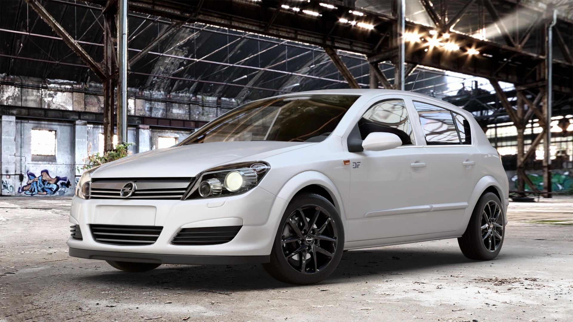 Borbet N black glossy Felge mit Reifen schwarz in 16Zoll Winterfelge Alufelge auf weissem Opel Astra H Stufenheck Typ A-H/NB ⬇️ mit 15mm Tieferlegung ⬇️ Old Industrial Hall_max_4400mm_2024 Frontansicht_1