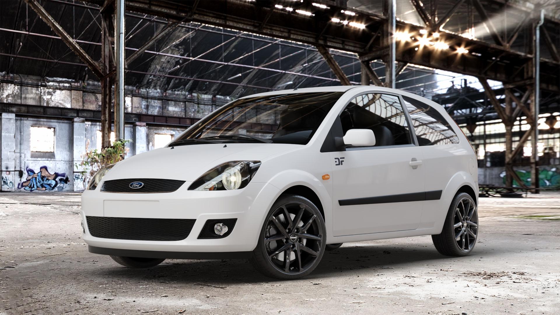 Borbet N black glossy Felge mit Reifen schwarz in 17Zoll Winterfelge Alufelge auf weissem Ford Fiesta V Typ JH1/JD3 ⬇️ mit 15mm Tieferlegung ⬇️ Old Industrial Hall_max_4400mm_2024 Frontansicht_1