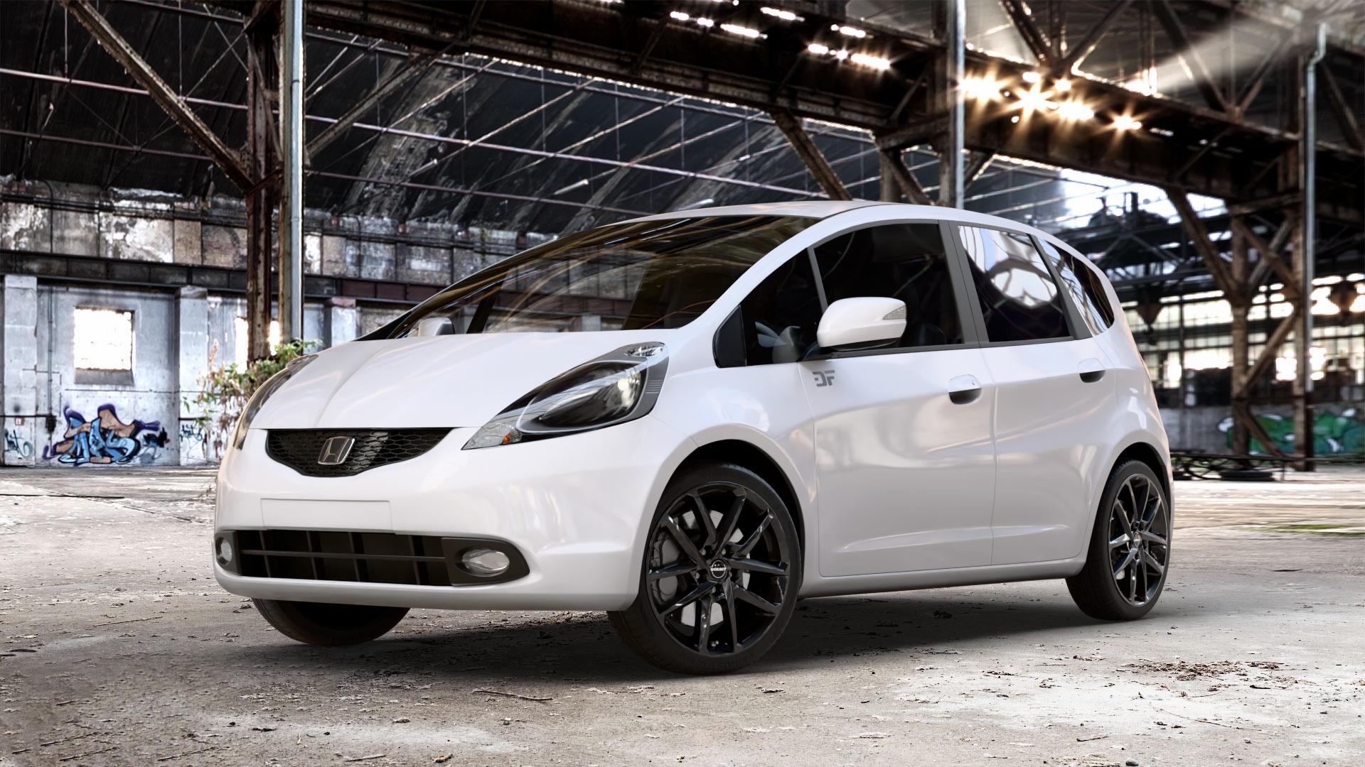 Borbet N black glossy Felge mit Reifen schwarz in 17Zoll Winterfelge Alufelge auf weissem Honda Jazz III (GG, GE) 1,2l i-VTEC 66kW GG5 (90 PS) 1,4l 73kW GG6 (99 GG3 GE6 GG1 GG2 IMA Hybrid 65kW GP1 (88 ⬇️ mit 15mm Tieferlegung ⬇️ Old Industrial Hall_max_4400mm_2024 Frontansicht_1