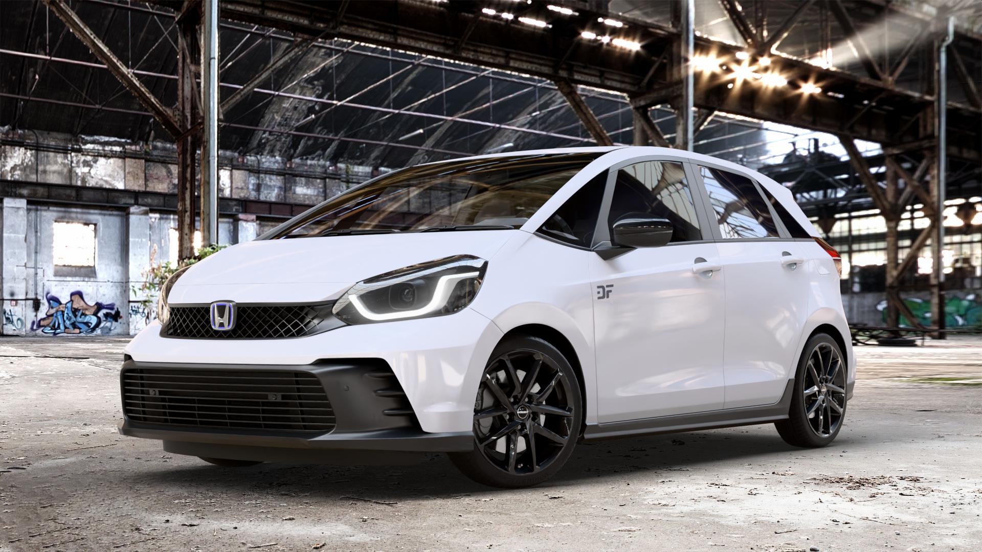 Borbet N black glossy Felge mit Reifen schwarz in 17Zoll Winterfelge Alufelge auf weissem Honda Jazz V (GR) Facelift 1,5l e:HEV 79kW Mild-Hybrid (107 PS) ⬇️ mit 15mm Tieferlegung ⬇️ Old Industrial Hall_max_4400mm_2024 Frontansicht_1