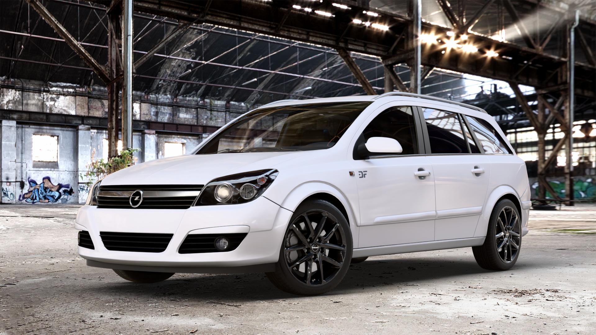 Borbet N black glossy Felge mit Reifen schwarz in 17Zoll Winterfelge Alufelge auf weissem Opel Astra H Typ A-H Caravan A-H/SW ⬇️ mit 15mm Tieferlegung ⬇️ Old Industrial Hall_max_4400mm_2024 Frontansicht_1