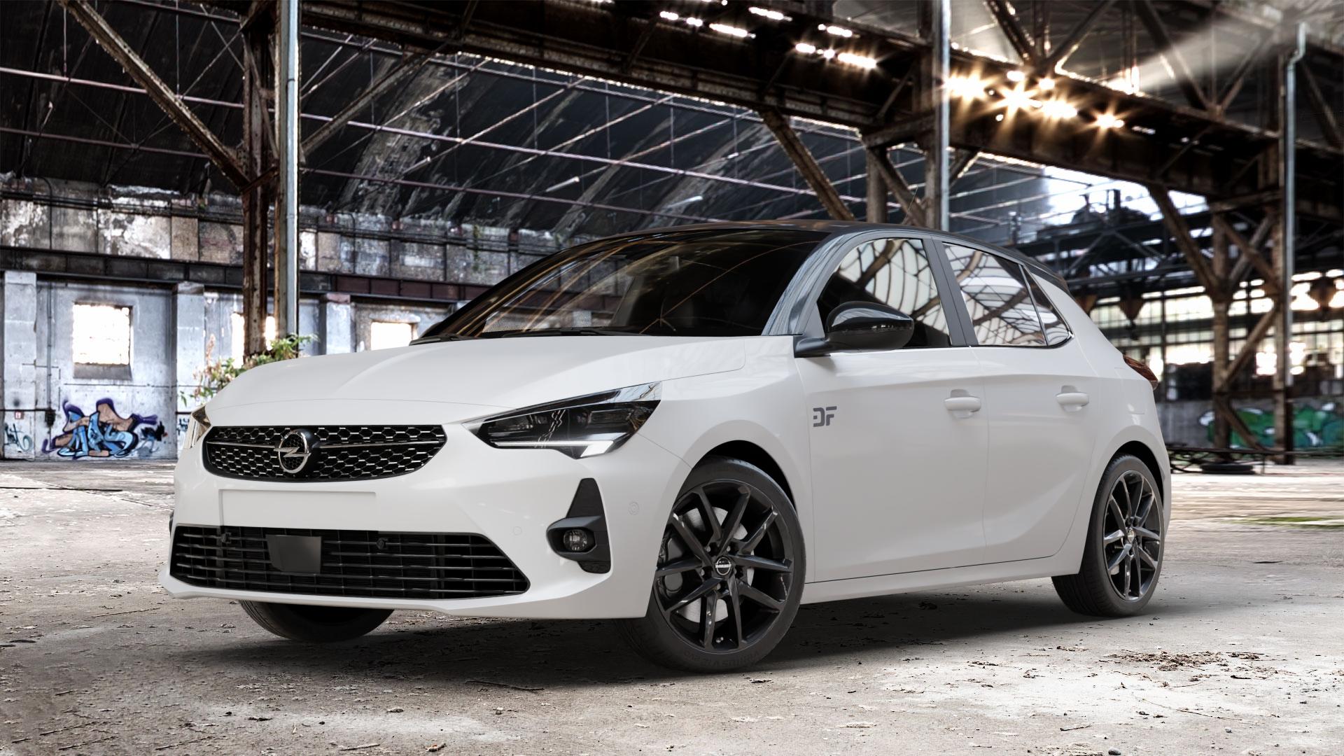 Borbet N black glossy Felge mit Reifen schwarz in 17Zoll Winterfelge Alufelge auf weissem Opel Corsa F Typ U ⬇️ mit 15mm Tieferlegung ⬇️ Old Industrial Hall_max_4400mm_2024 Frontansicht_1