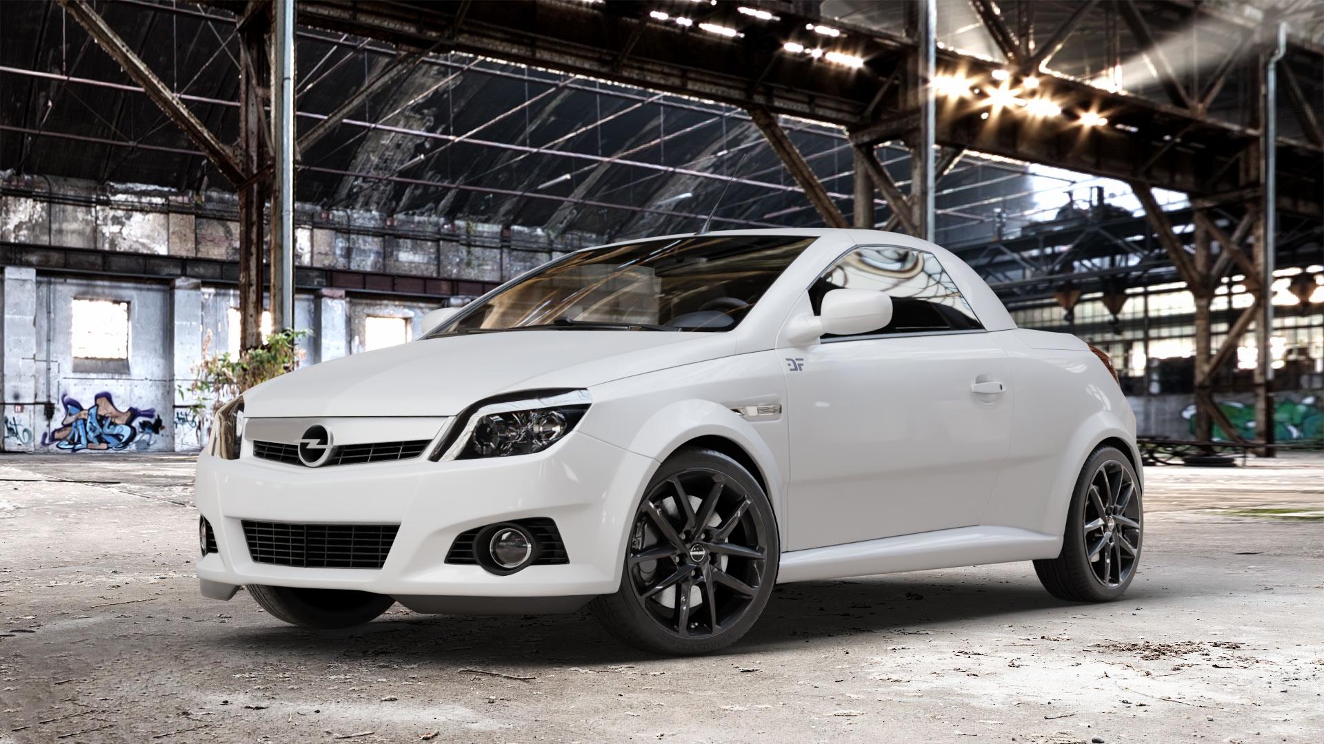 Borbet N black glossy Felge mit Reifen schwarz in 17Zoll Winterfelge Alufelge auf weissem Opel Tigra B TwinTop ⬇️ mit 15mm Tieferlegung ⬇️ Old Industrial Hall_max_4400mm_2024 Frontansicht_1