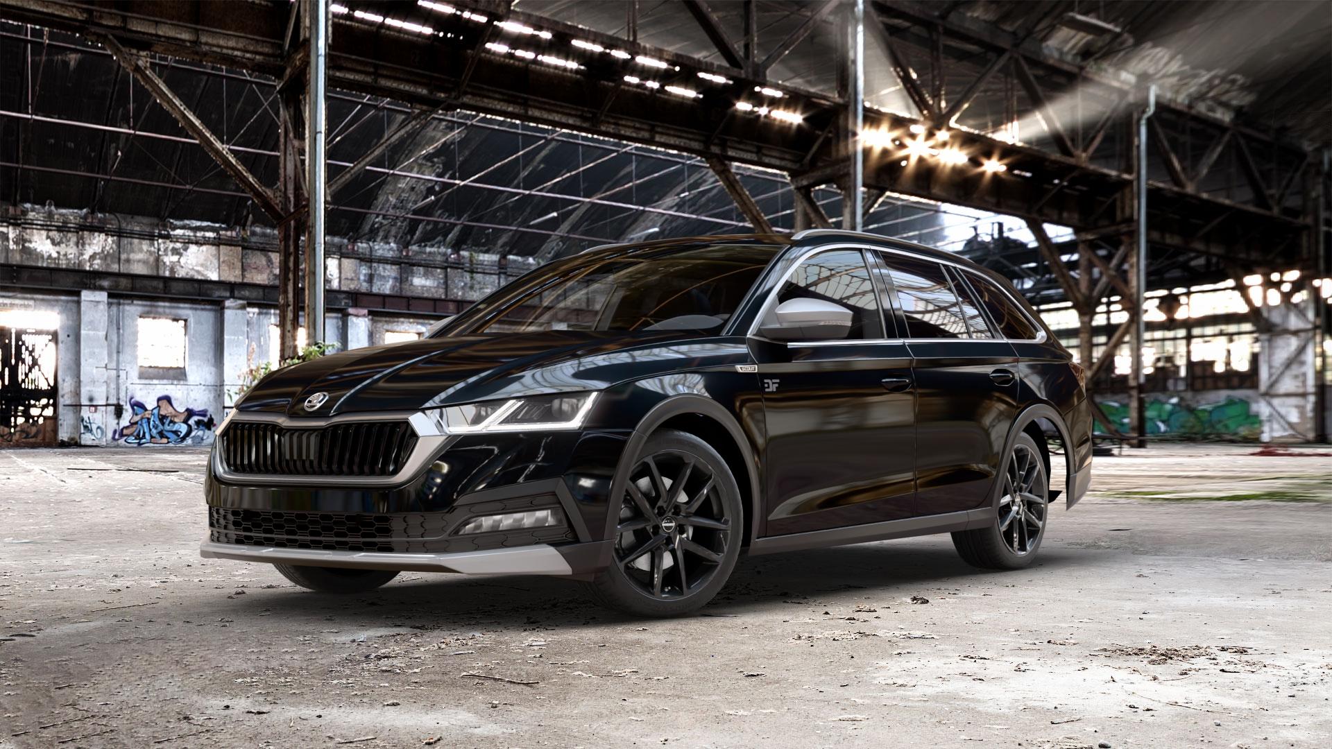 Borbet N black glossy Felge mit Reifen schwarz in 18Zoll Winterfelge Alufelge auf schwarzem metallic Skoda Octavia IV Scout Typ NX ⬇️ mit 15mm Tieferlegung ⬇️ Old Industrial Hall_max_5300mm_2024 Frontansicht_1
