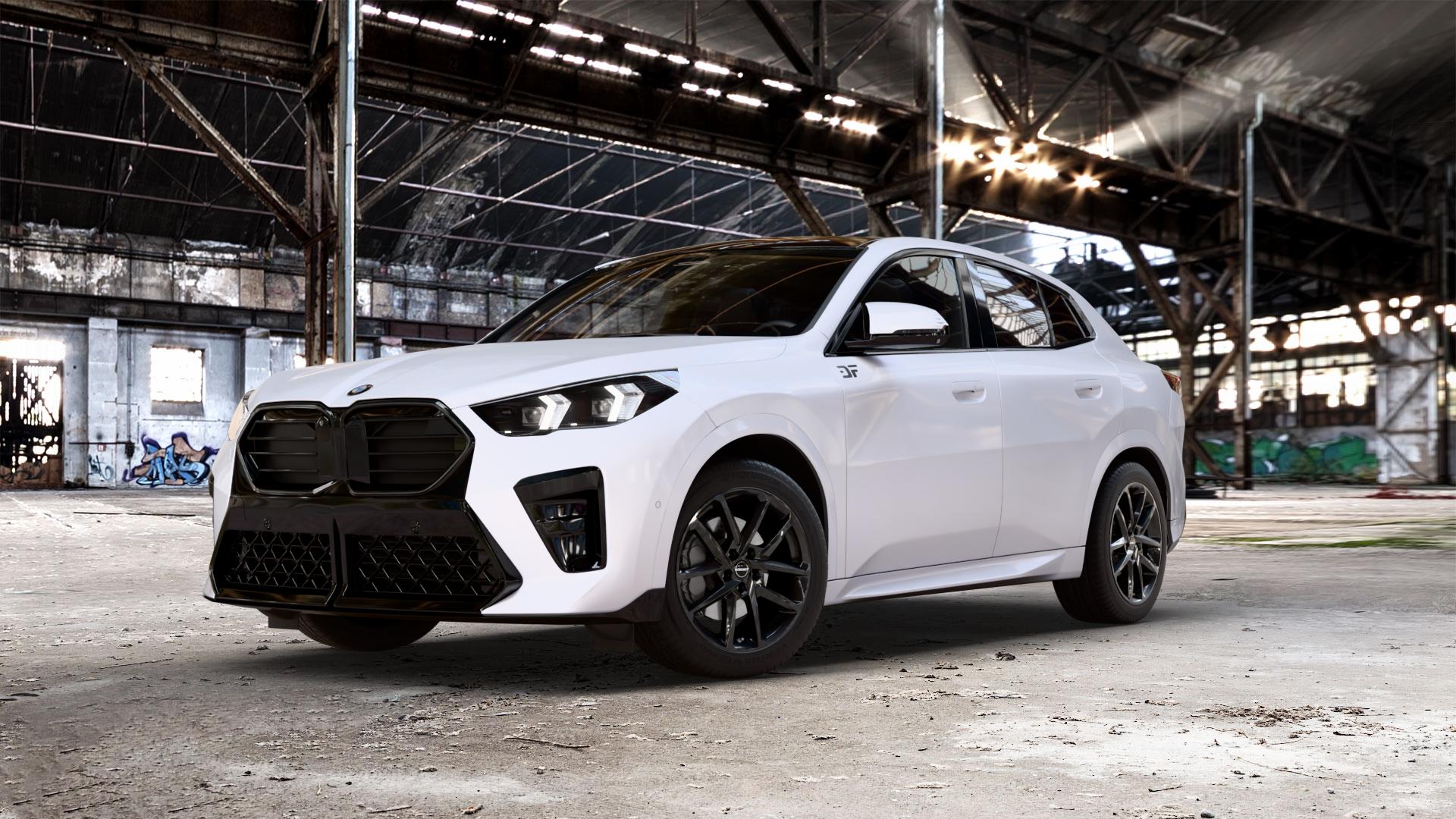 Borbet N black glossy Felge mit Reifen schwarz in 18Zoll Winterfelge Alufelge auf unilack weißem BMW X2 Typ U10 (U2X) 2,0l sDrive 18d 100kW (136 PS) 110kW (150 1,5l 20i Mild-Hybrid 115kW (156 xDrive20d ⬇️ mit 15mm Tieferlegung ⬇️ Old Industrial Hall_max_5300mm_2024 Frontansicht_1