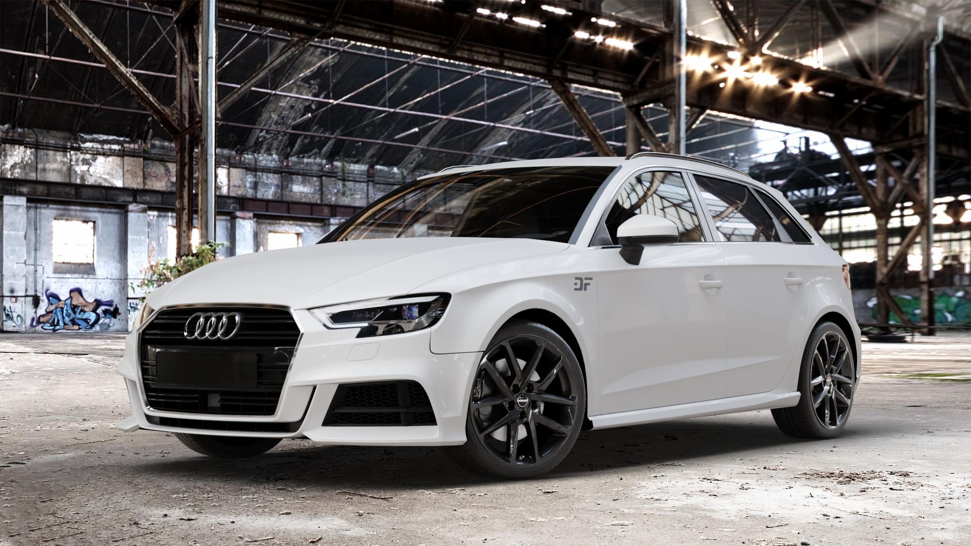 Borbet N black glossy Felge mit Reifen schwarz in 18Zoll Winterfelge Alufelge auf weissem Audi A3 Typ 8V (Sportback) Facelift ⬇️ mit 15mm Tieferlegung ⬇️ Old Industrial Hall_max_4400mm_2024 Frontansicht_1