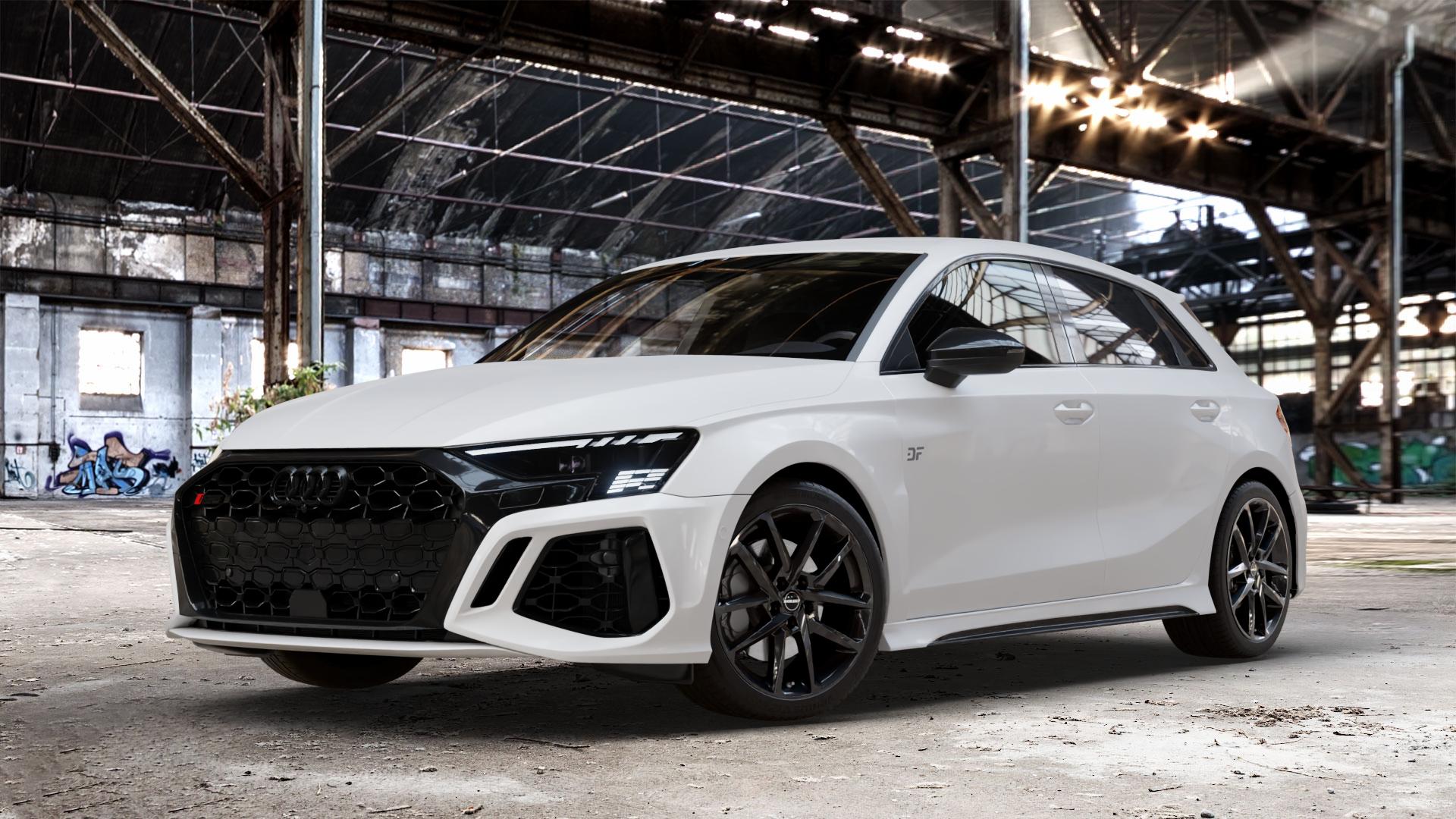 Borbet N black glossy Felge mit Reifen schwarz in 18Zoll Winterfelge Alufelge auf weissem Audi A3 Typ GY (Sportback) 2,5l TFSI quattro 294kW RS3 (400 PS) 299kW (407 ⬇️ mit 15mm Tieferlegung ⬇️ Old Industrial Hall_max_4400mm_2024 Frontansicht_1