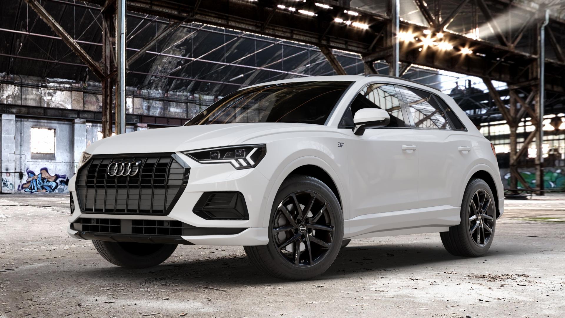 Borbet N black glossy Felge mit Reifen schwarz in 18Zoll Winterfelge Alufelge auf weissem Audi Q3 II Typ F3 ⬇️ mit 15mm Tieferlegung ⬇️ Old Industrial Hall_max_4400mm_2024 Frontansicht_1