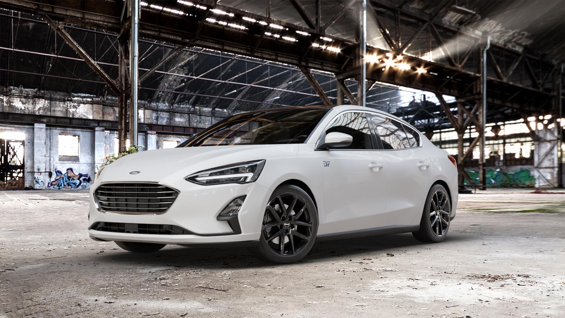 Borbet N black glossy Felge mit Reifen schwarz in 18Zoll Winterfelge Alufelge auf weissem Ford Focus IV Typ DEH (Stufenheck) ⬇️ mit 15mm Tieferlegung ⬇️ Old Industrial Hall_max_5300mm_2024 Frontansicht_1