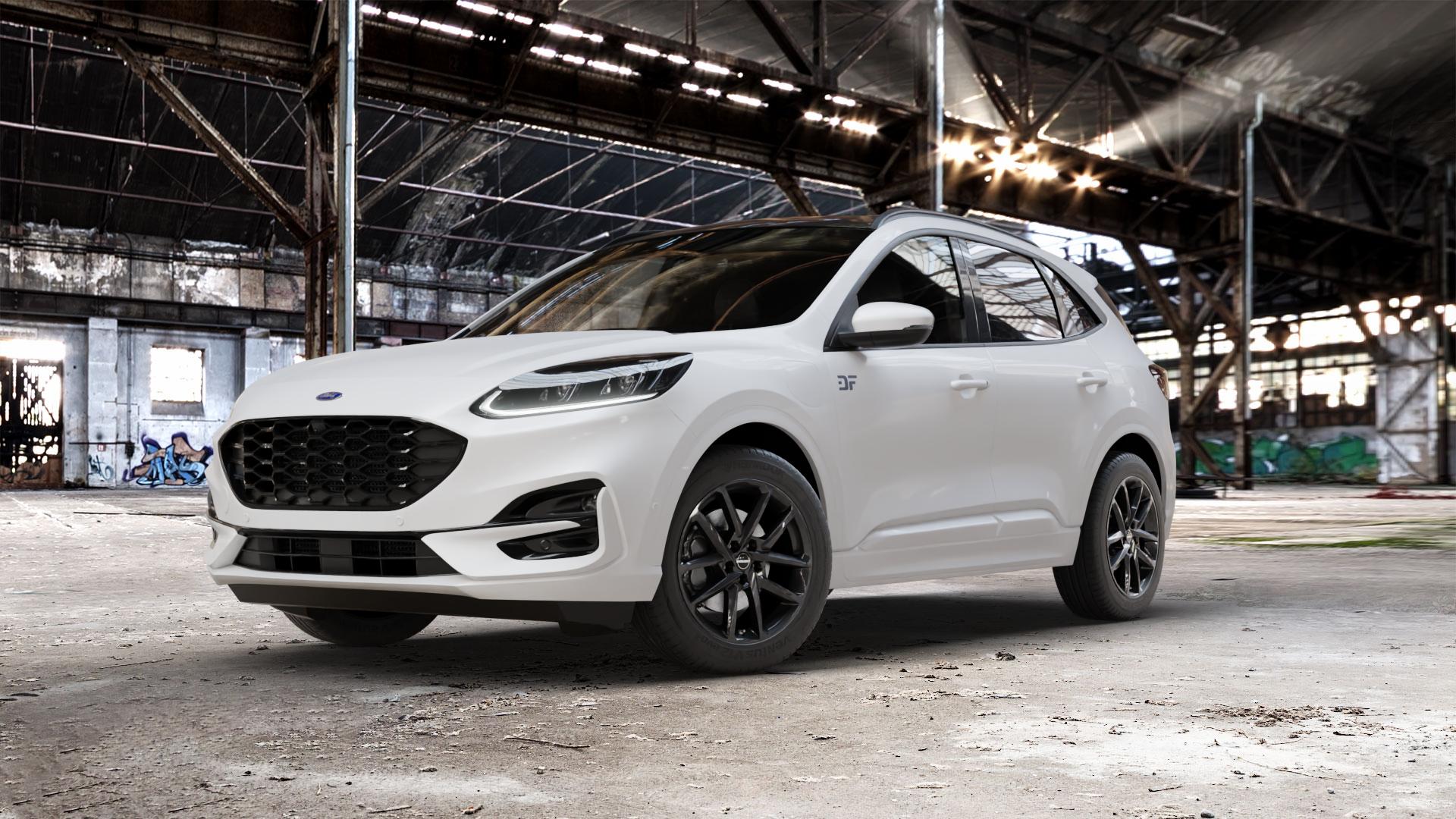 Borbet N black glossy Felge mit Reifen schwarz in 18Zoll Winterfelge Alufelge auf weissem Ford Kuga III Typ DFK ⬇️ mit 15mm Tieferlegung ⬇️ Old Industrial Hall_max_5300mm_2024 Frontansicht_1