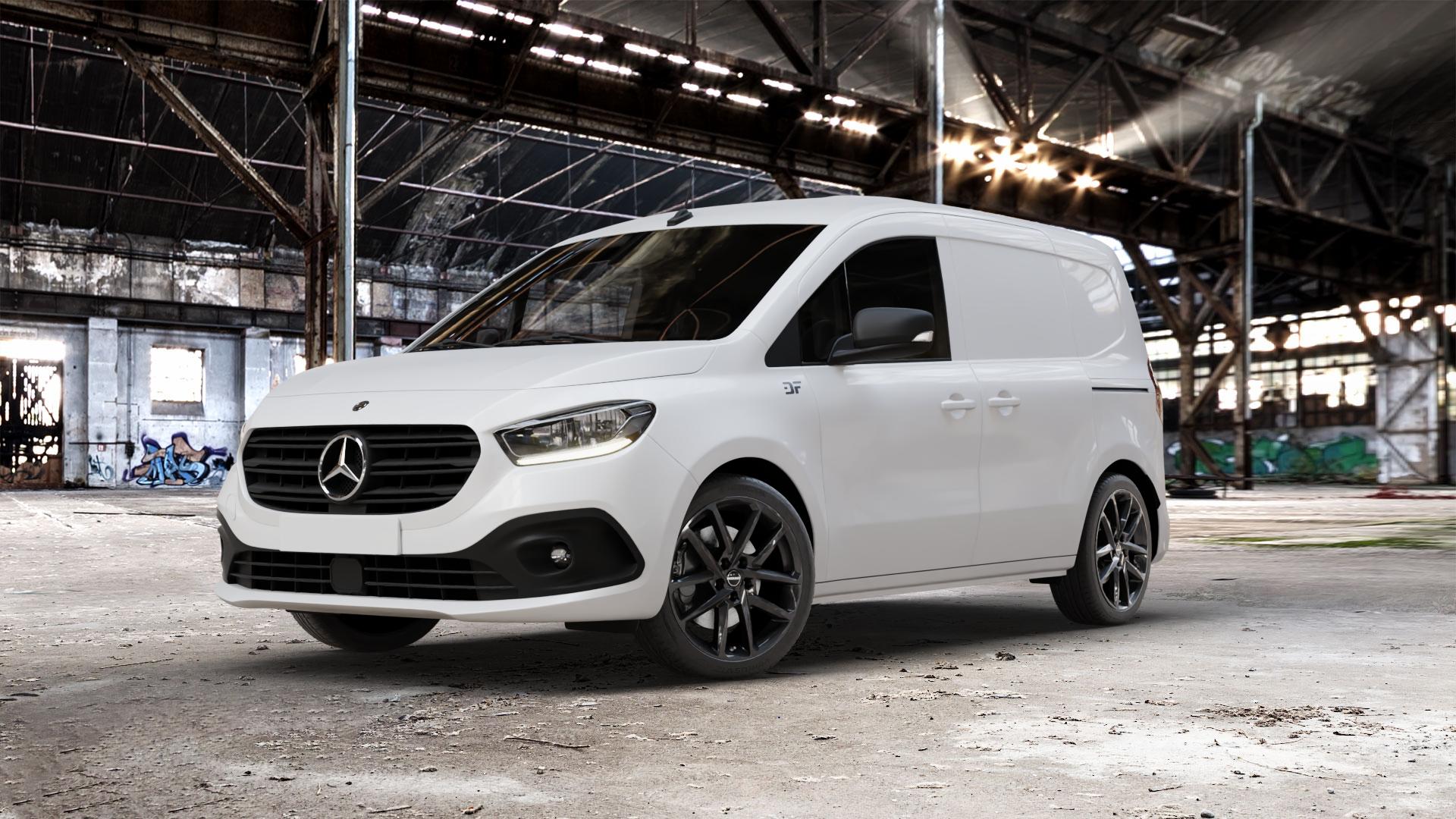 Borbet N black glossy Felge mit Reifen schwarz in 18Zoll Winterfelge Alufelge auf weissem Mercedes Citan Kasten Typ W420 ⬇️ mit 15mm Tieferlegung ⬇️ Old Industrial Hall_max_5300mm_2024 Frontansicht_1