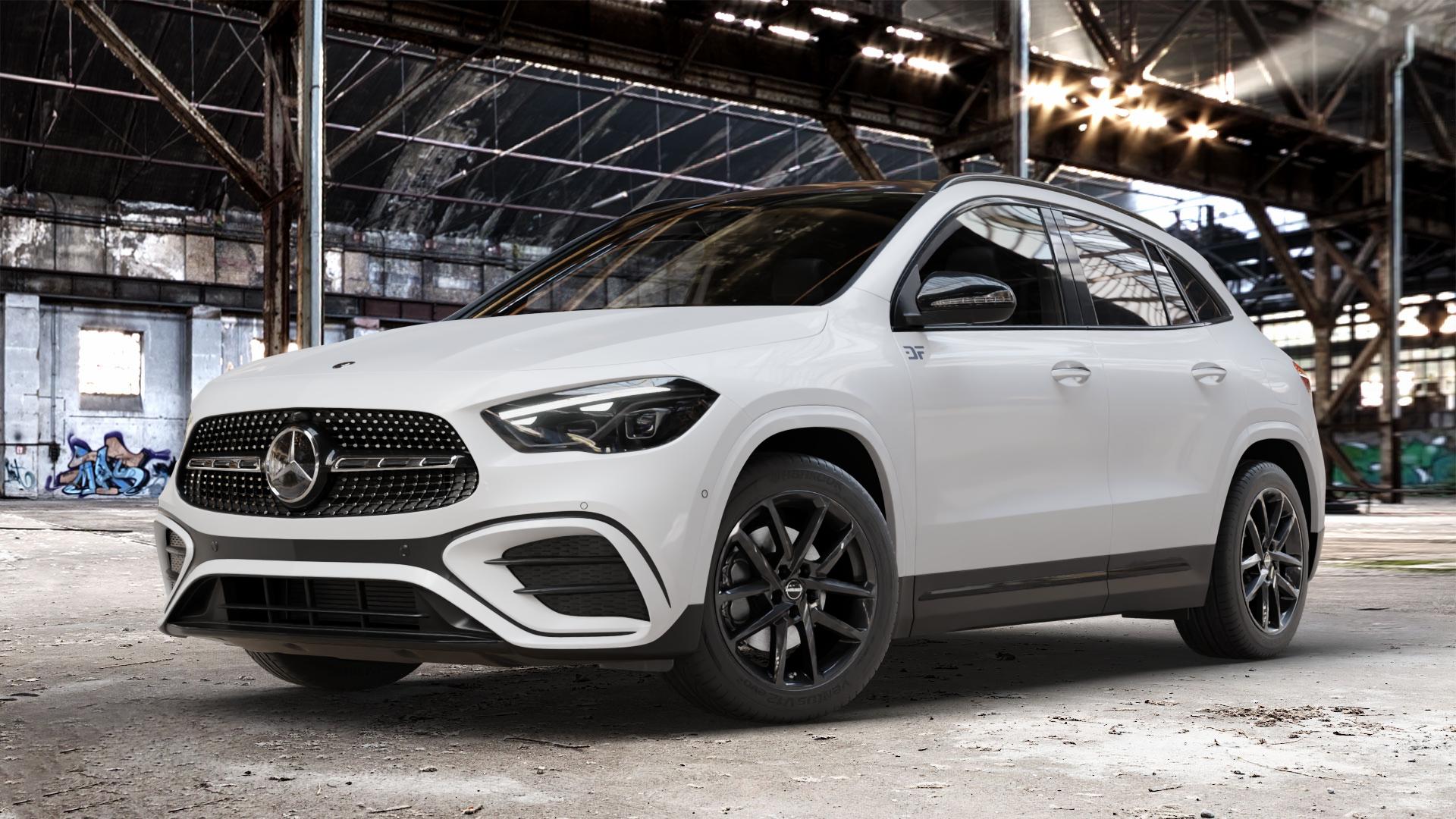 Borbet N black glossy Felge mit Reifen schwarz in 18Zoll Winterfelge Alufelge auf weissem Mercedes GLA-Klasse Typ F2B Facelift ⬇️ mit 15mm Tieferlegung ⬇️ Old Industrial Hall_max_4400mm_2024 Frontansicht_1