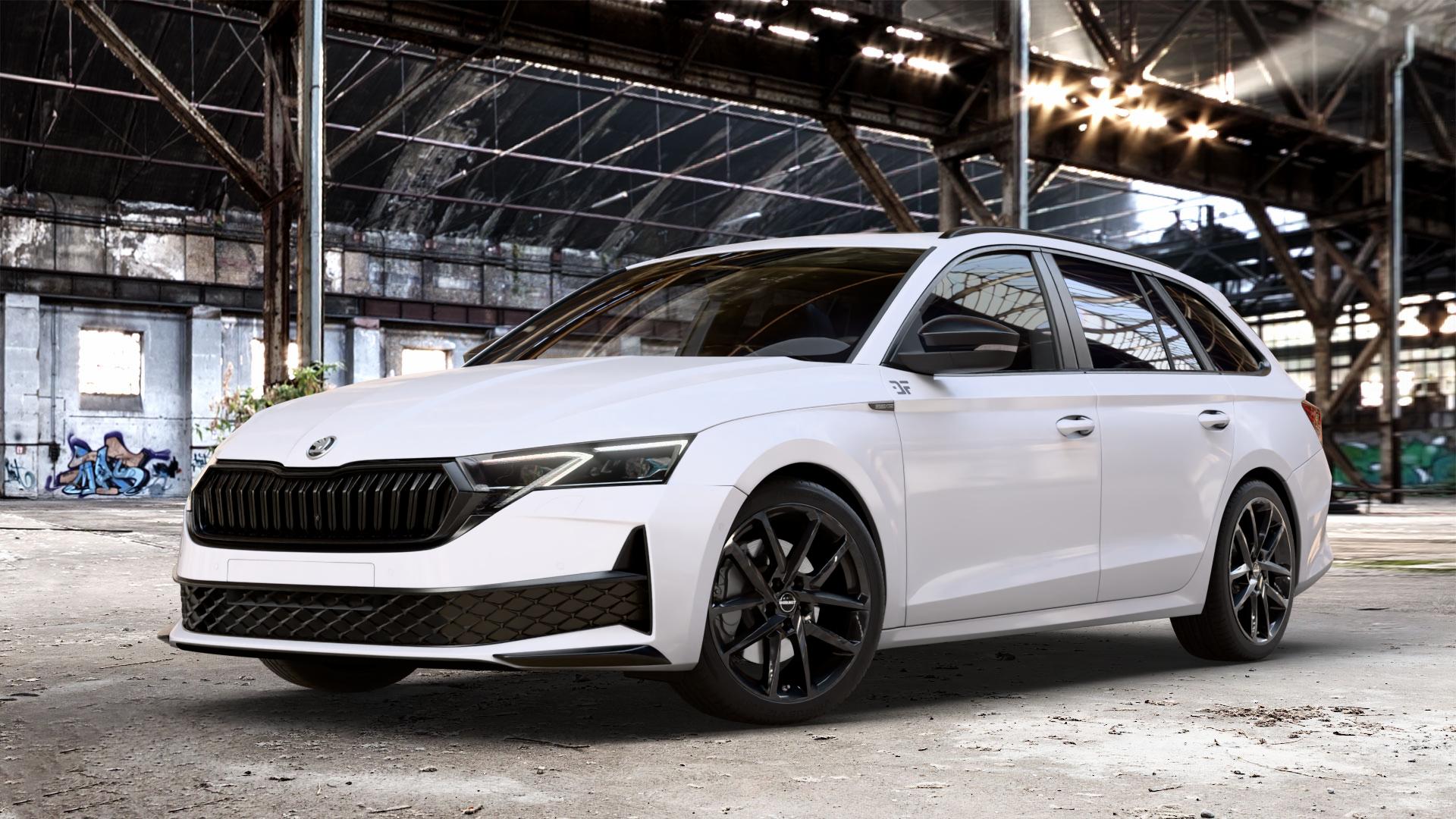 Borbet N black glossy Felge mit Reifen schwarz in 18Zoll Winterfelge Alufelge auf weissem Skoda Octavia IV Kombi Typ NX Facelift 1,5l TSI 85kW (116 PS) Mild-Hybrid 110kW (150 2,0l TDI ⬇️ mit 15mm Tieferlegung ⬇️ Old Industrial Hall_max_4400mm_2024 Frontansicht_1