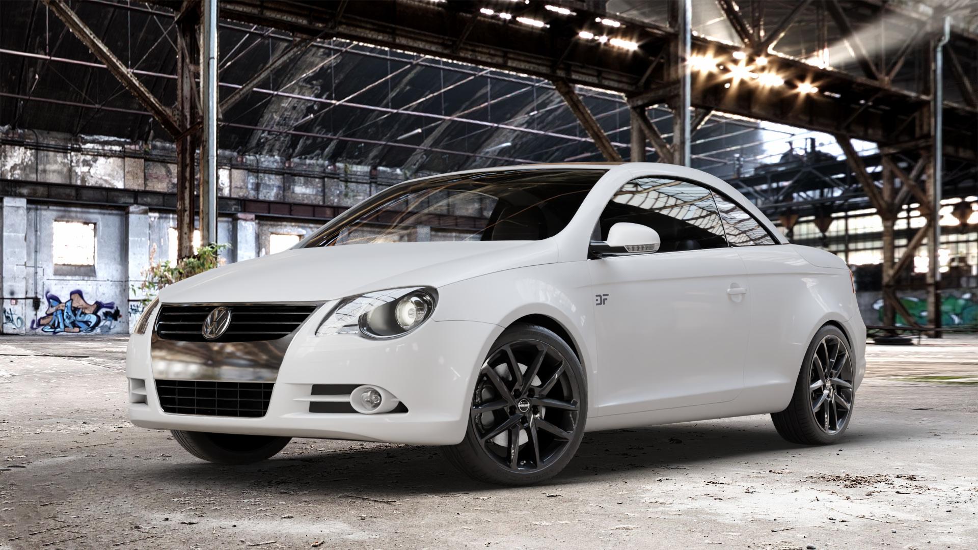 Borbet N black glossy Felge mit Reifen schwarz in 18Zoll Winterfelge Alufelge auf weissem Volkswagen (VW) Eos ⬇️ mit 15mm Tieferlegung ⬇️ Old Industrial Hall_max_4400mm_2024 Frontansicht_1