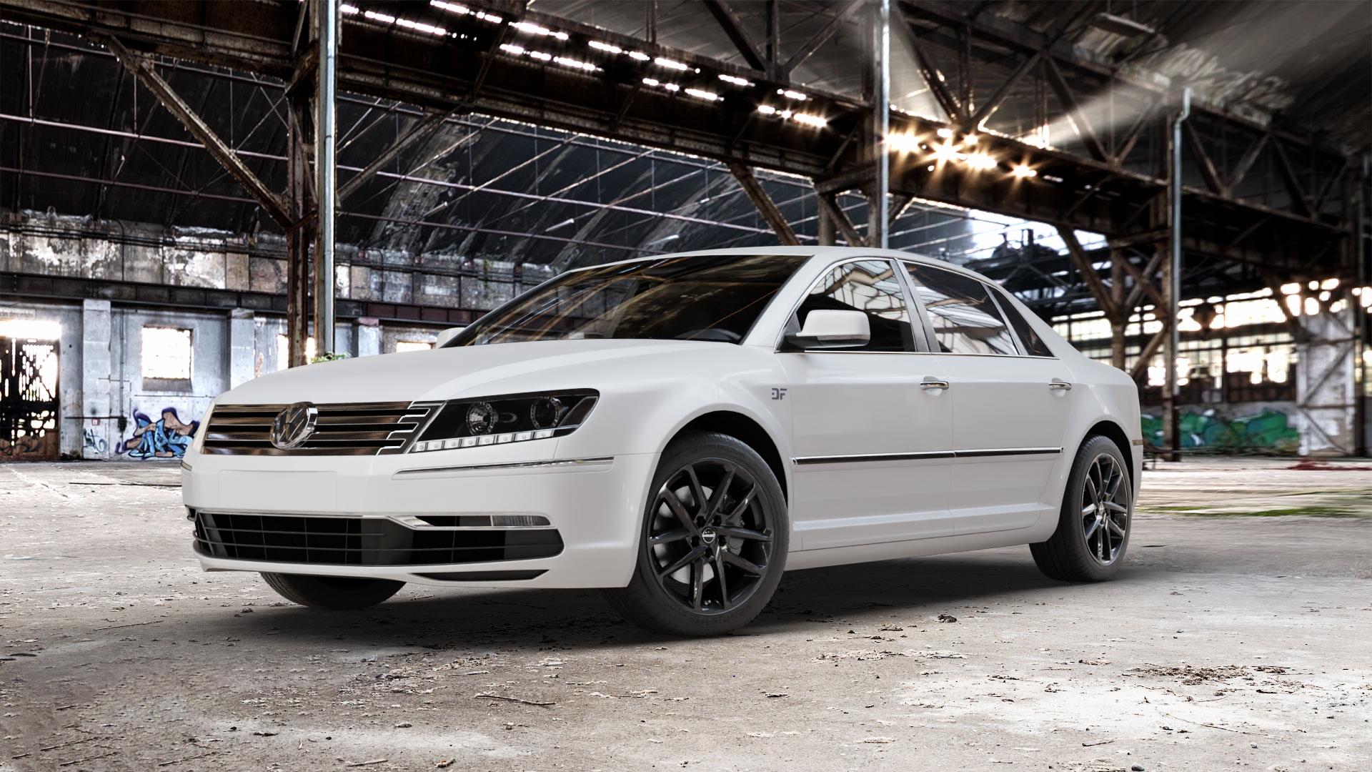 Borbet N black glossy Felge mit Reifen schwarz in 18Zoll Winterfelge Alufelge auf weissem Volkswagen (VW) Phaeton Typ 3D (Facelift 10->) ⬇️ mit 15mm Tieferlegung ⬇️ Old Industrial Hall_max_5300mm_2024 Frontansicht_1