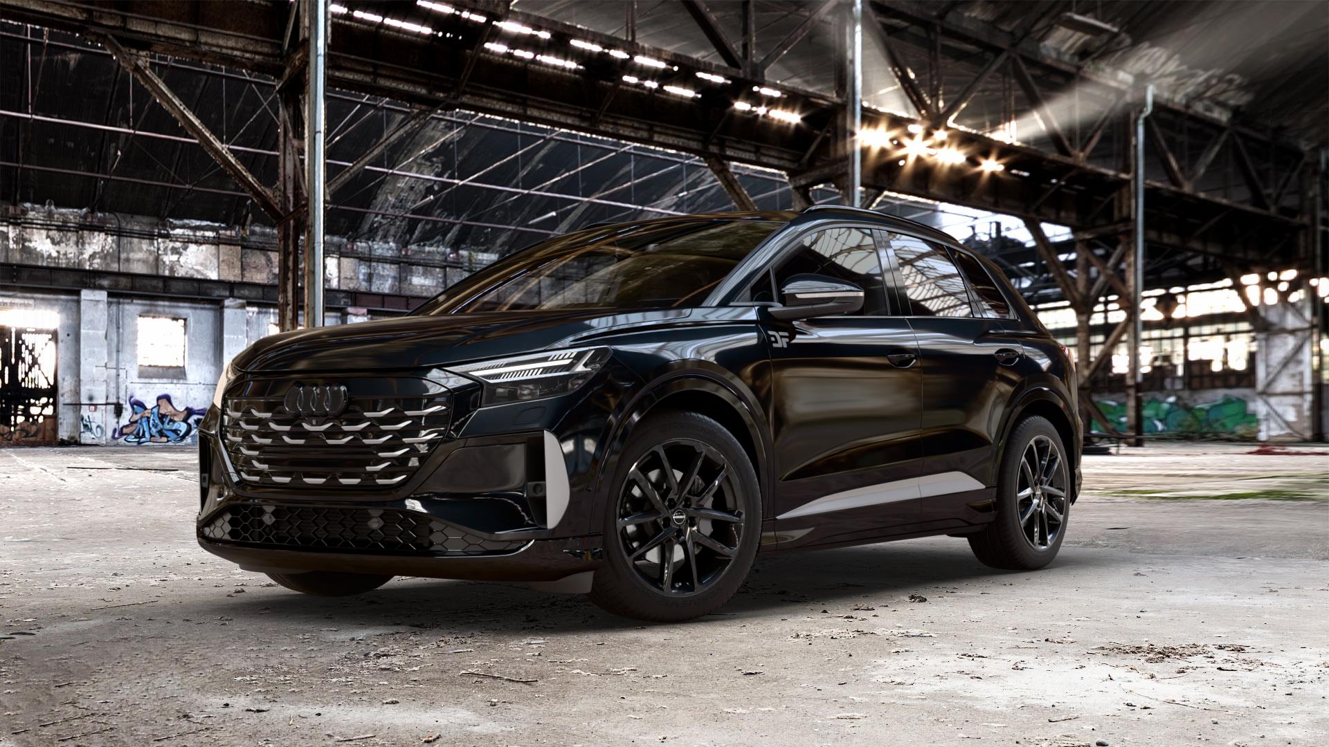 Borbet N black glossy Felge mit Reifen schwarz in 19Zoll Winterfelge Alufelge auf metallic schwarzem Audi Q4 e-tron Facelift Typ FZ ⬇️ mit 15mm Tieferlegung ⬇️ Old Industrial Hall_max_5300mm_2024 Frontansicht_1