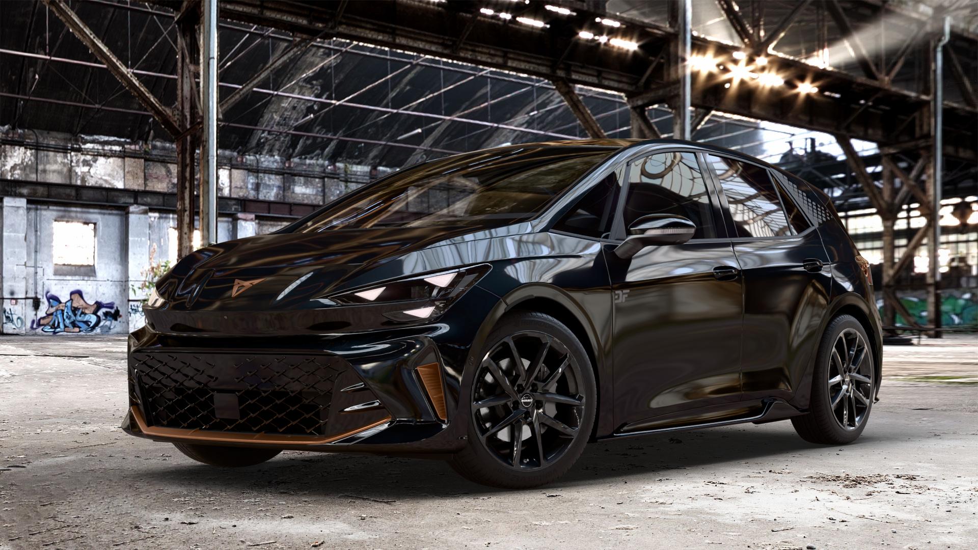 Borbet N black glossy Felge mit Reifen schwarz in 19Zoll Winterfelge Alufelge auf metallic schwarzem Cupra Born Facelift Typ K1 ⬇️ mit 15mm Tieferlegung ⬇️ Old Industrial Hall_max_4400mm_2024 Frontansicht_1