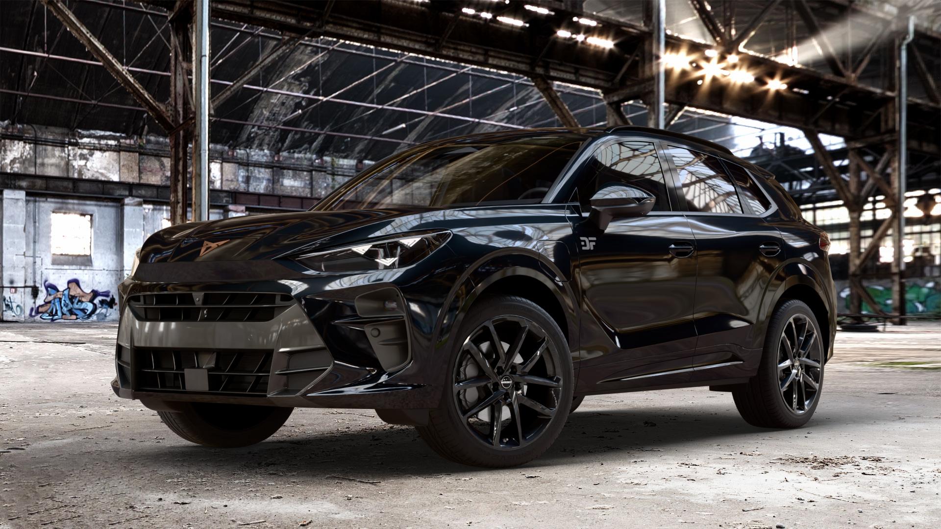 Borbet N black glossy Felge mit Reifen schwarz in 19Zoll Winterfelge Alufelge auf metallic schwarzem Cupra Terramar Typ KP ⬇️ mit 15mm Tieferlegung ⬇️ Old Industrial Hall_max_4400mm_2024 Frontansicht_1