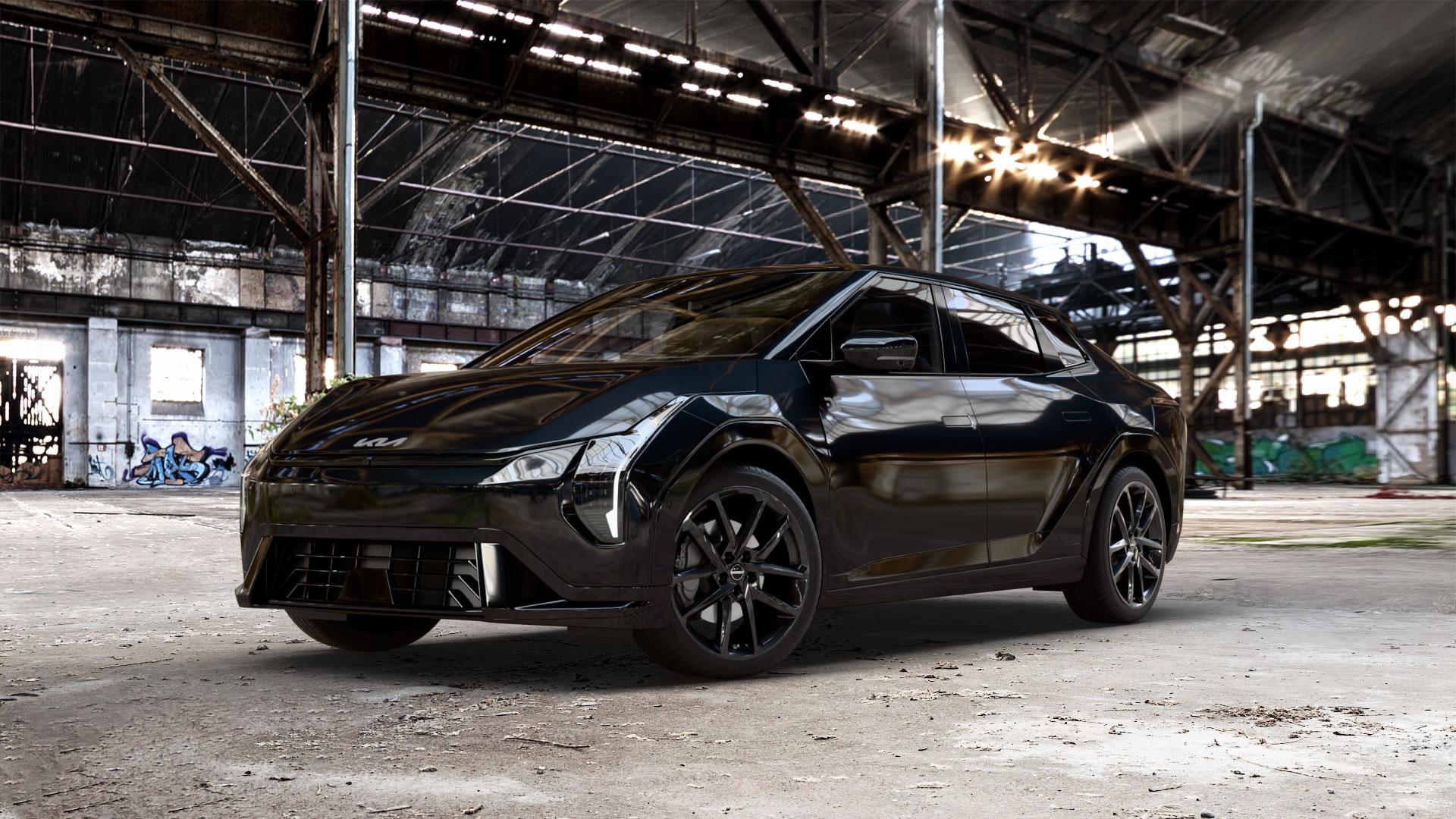 Borbet N black glossy Felge mit Reifen schwarz in 19Zoll Winterfelge Alufelge auf schwarzem Kia EV4 Fastback Typ CT1 0,0l 50kW (68 PS) ⬇️ mit 15mm Tieferlegung ⬇️ Old Industrial Hall_max_5300mm_2024 Frontansicht_1