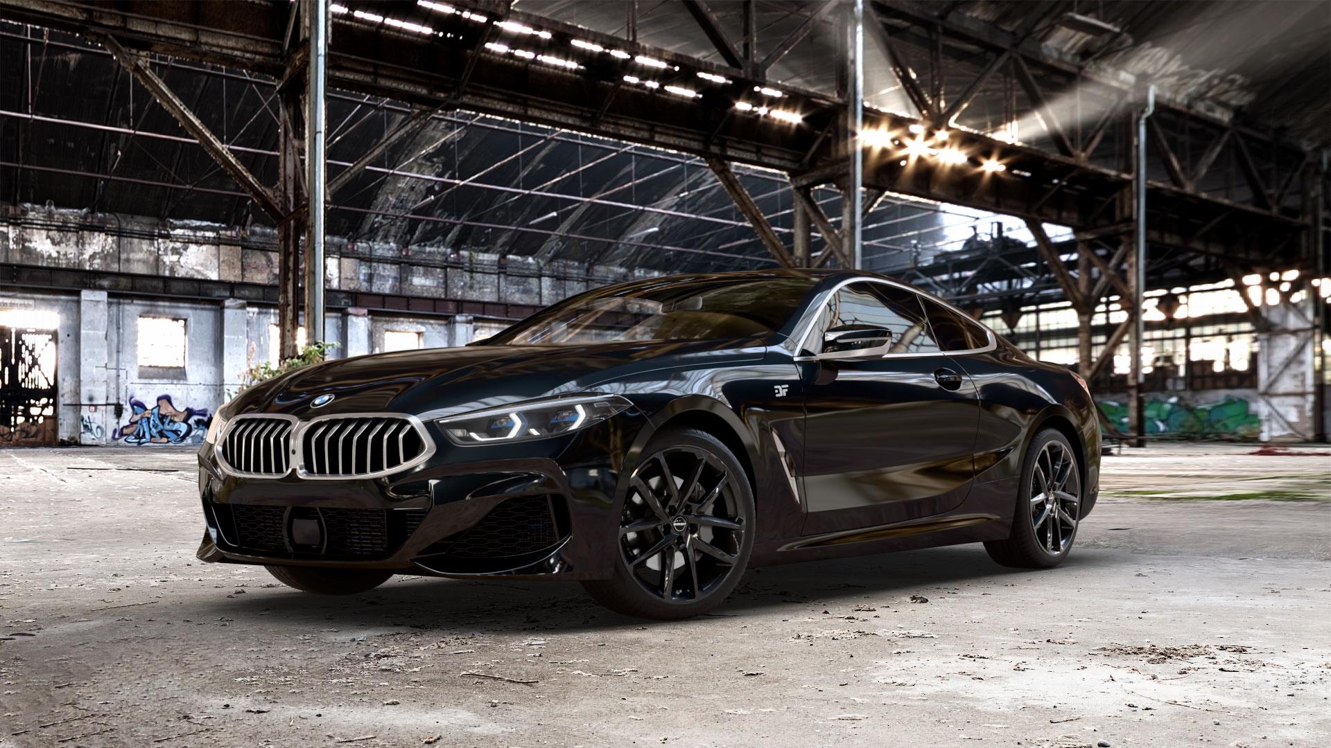 Borbet N black glossy Felge mit Reifen schwarz in 19Zoll Winterfelge Alufelge auf schwarzem metallic BMW 840d xDrive Typ G15 M850i 840i M8 F8CM (Coupe) 8er Coupé (G8C) ⬇️ mit 15mm Tieferlegung ⬇️ Old Industrial Hall_max_5300mm_2024 Frontansicht_1