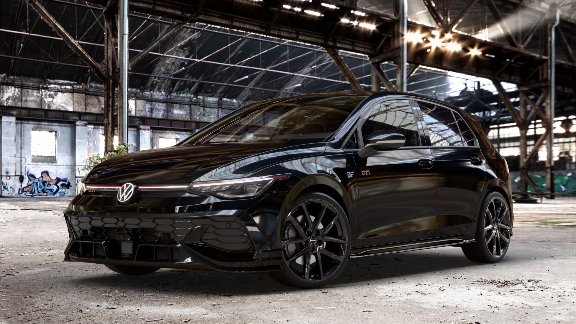 Borbet N black glossy Felge mit Reifen schwarz in 19Zoll Winterfelge Alufelge auf schwarzem Volkswagen (VW) Golf 8 Facelift 2,0l GTI Clubsport 221kW (300 PS) ⬇️ mit 15mm Tieferlegung ⬇️ Old Industrial Hall_max_4400mm_2024 Frontansicht_1