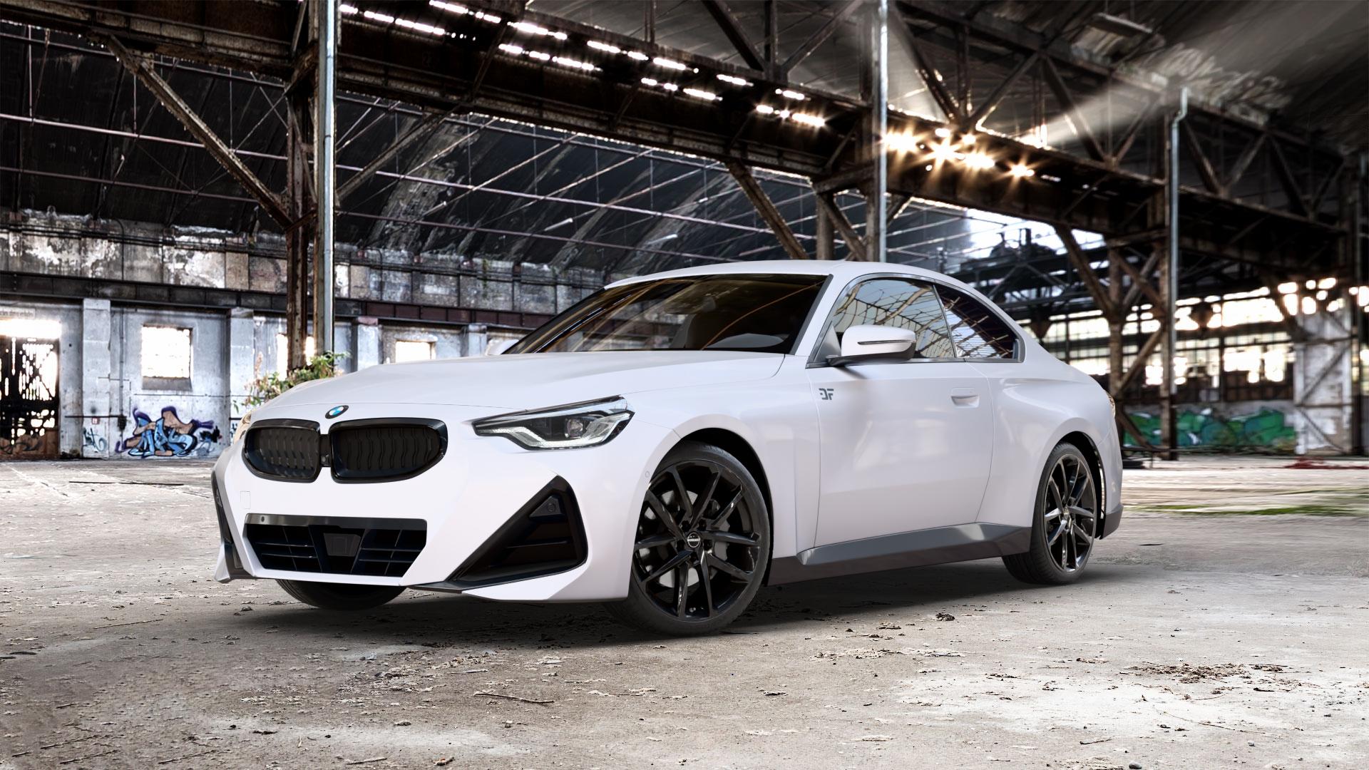 Borbet N black glossy Felge mit Reifen schwarz in 19Zoll Winterfelge Alufelge auf weissem BMW 2er G42 Coupé (G2C) ⬇️ mit 15mm Tieferlegung ⬇️ Old Industrial Hall_max_5300mm_2024 Frontansicht_1