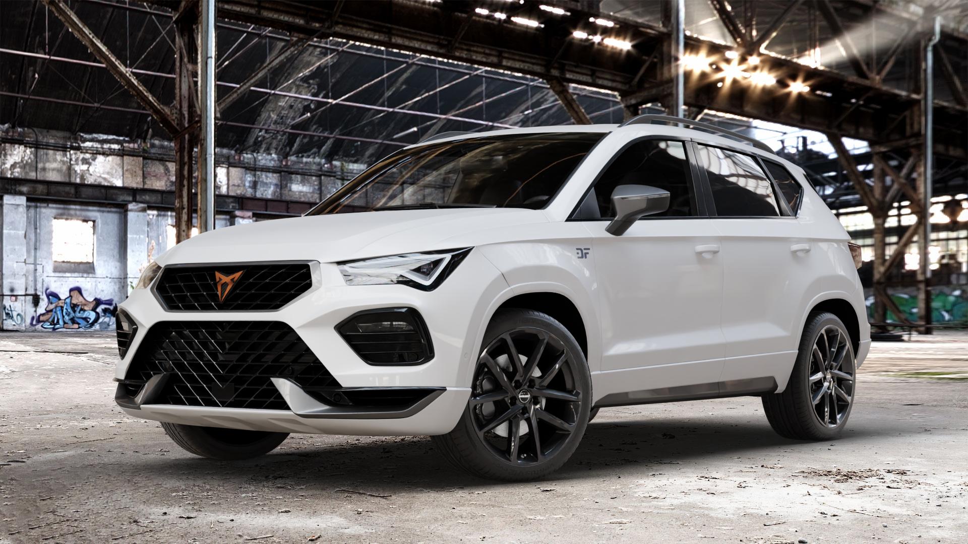 Borbet N black glossy Felge mit Reifen schwarz in 19Zoll Winterfelge Alufelge auf weissem Cupra Ateca Typ 5FP Facelift ⬇️ mit 15mm Tieferlegung ⬇️ Old Industrial Hall_max_4400mm_2024 Frontansicht_1