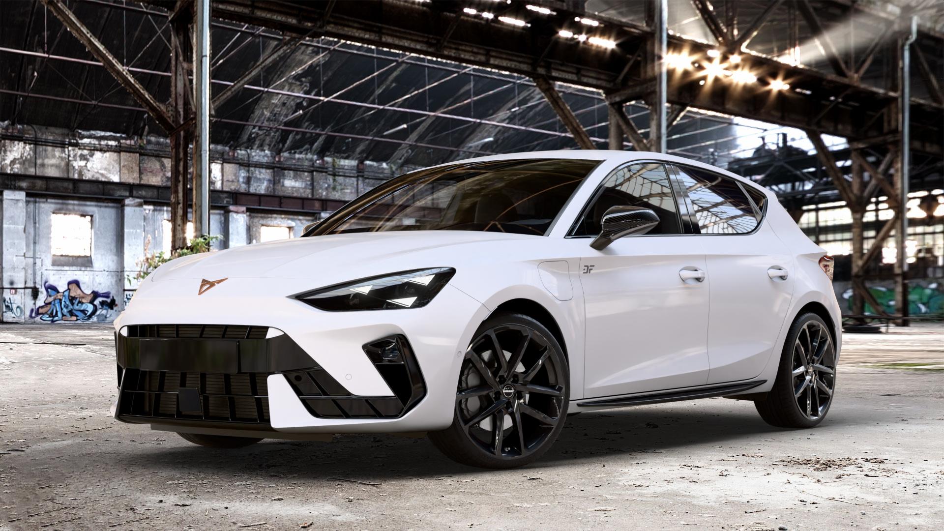Borbet N black glossy Felge mit Reifen schwarz in 19Zoll Winterfelge Alufelge auf weissem Cupra Leon Typ KL Facelift ⬇️ mit 15mm Tieferlegung ⬇️ Old Industrial Hall_max_4400mm_2024 Frontansicht_1