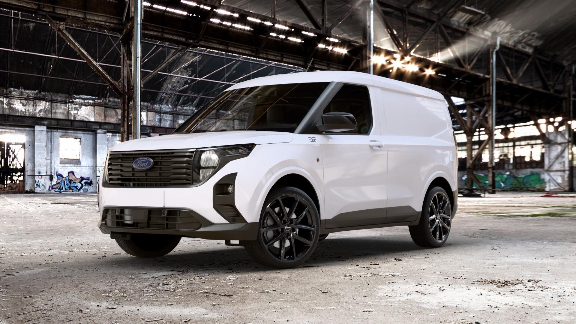 Borbet N black glossy Felge mit Reifen schwarz in 19Zoll Winterfelge Alufelge auf weissem Ford Transit Courier Typ N3P 1,0l EcoBoost 92kW (125 PS) 74kW (101 1,5l EcoBlue 73kW (99 ⬇️ mit 15mm Tieferlegung ⬇️ Old Industrial Hall_max_5300mm_2024 Frontansicht_1