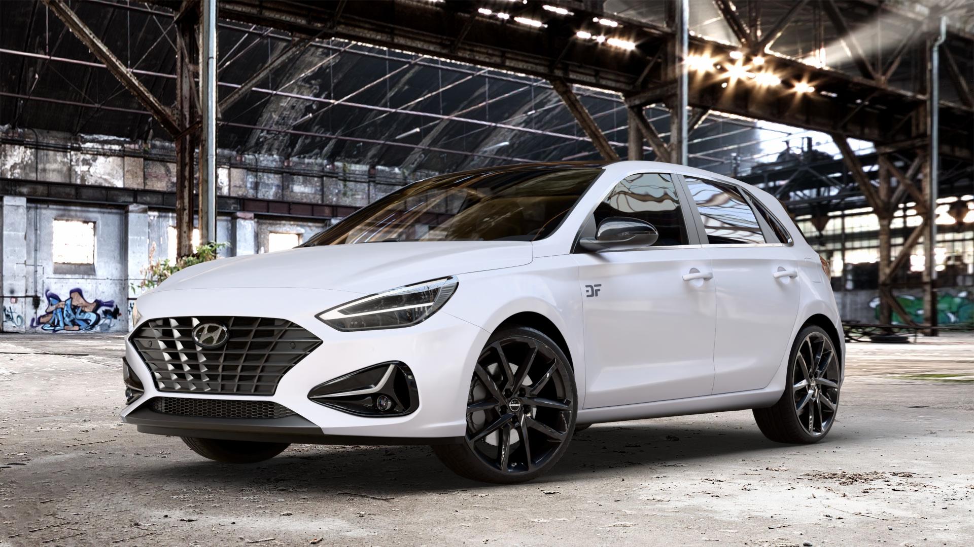 Borbet N black glossy Felge mit Reifen schwarz in 19Zoll Winterfelge Alufelge auf weissem Hyundai i30 Typ PDE Facelift 1,0l T-GDI 88kW Mild-Hybrid (120 PS) 1,5l 117kW (159 81kW (110 1,6l CRDi 85kW (116 100kW (136 II ⬇️ mit 15mm Tieferlegung ⬇️ Old Industrial Hall_max_4400mm_2024 Frontansicht_1