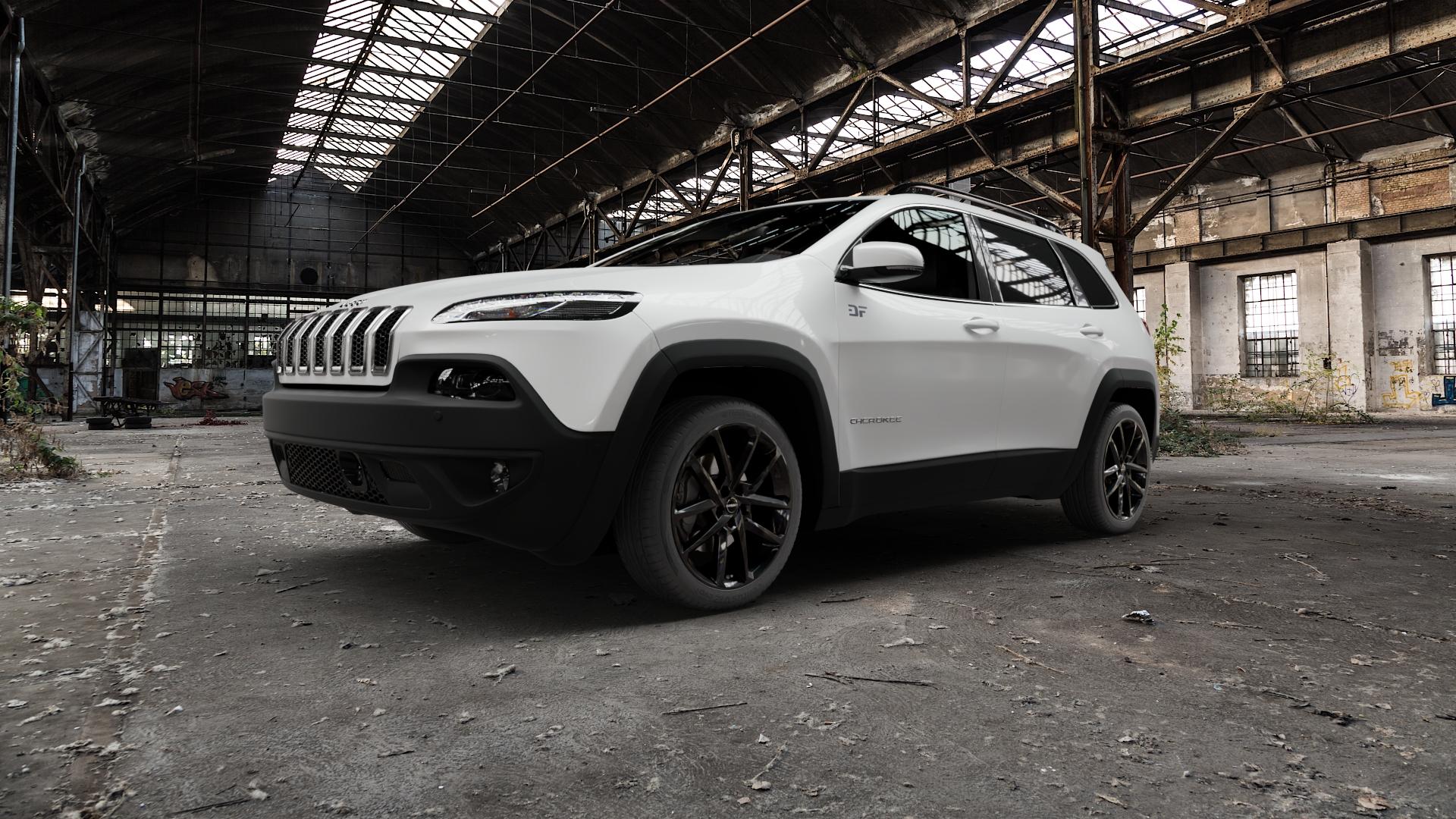 Borbet N black glossy Felge mit Reifen schwarz in 19Zoll Winterfelge Alufelge auf weissem Jeep Cherokee Typ KL Trailhawk ⬇️ mit 15mm Tieferlegung ⬇️ Old Industrial Hall_max5000mm_2022 Frontansicht_1