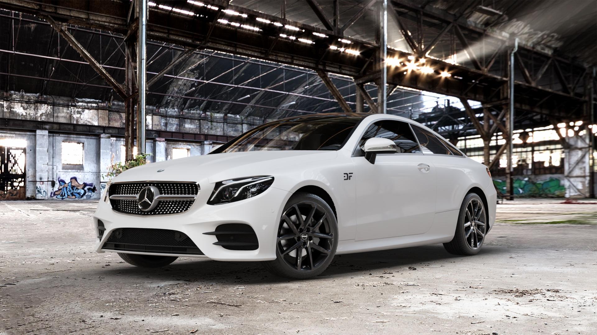 Borbet N black glossy Felge mit Reifen schwarz in 19Zoll Winterfelge Alufelge auf weissem Mercedes E-Klasse Typ C238 Coupe (R1EC) ⬇️ mit 15mm Tieferlegung ⬇️ Old Industrial Hall_max_5300mm_2024 Frontansicht_1