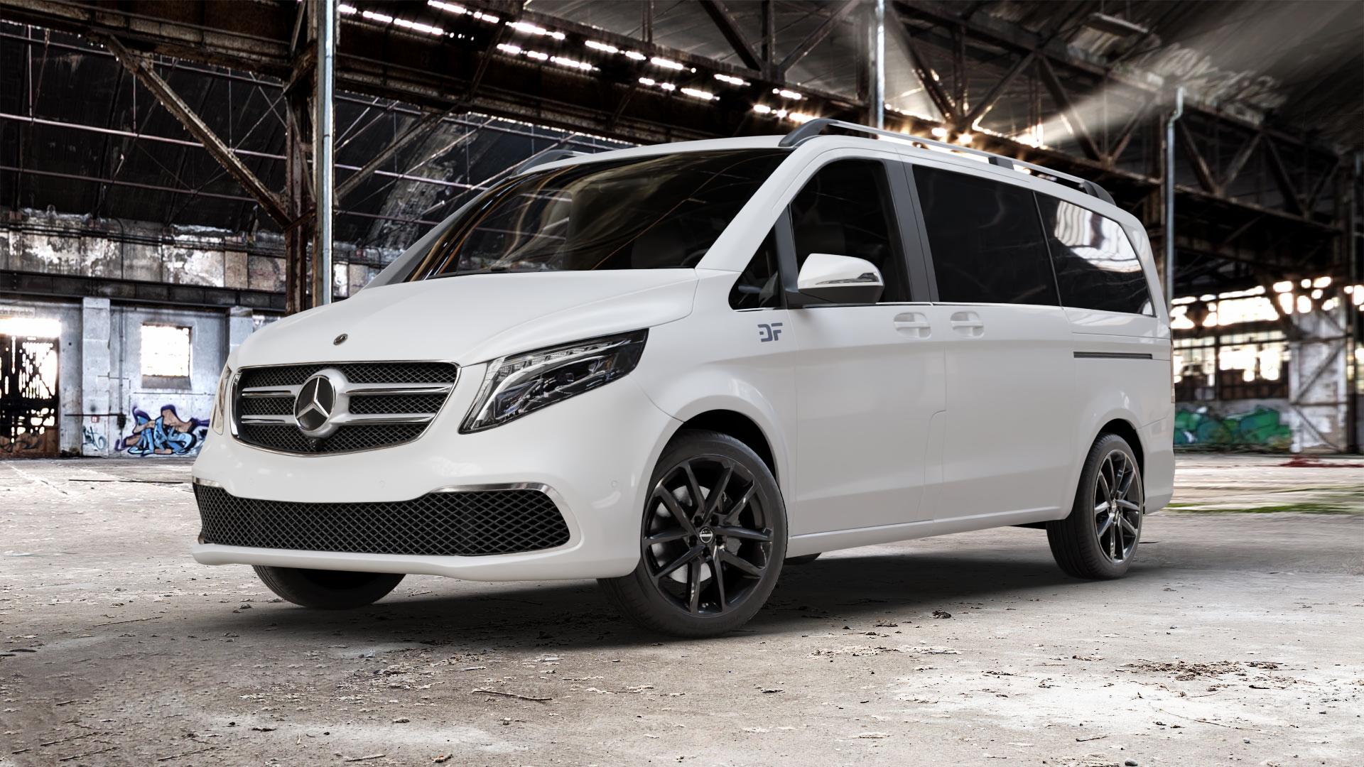 Borbet N black glossy Felge mit Reifen schwarz in 19Zoll Winterfelge Alufelge auf weissem Mercedes V-Klasse Typ W447 Facelift Marco Polo Vito Tourer ⬇️ mit 15mm Tieferlegung ⬇️ Old Industrial Hall_max_5300mm_2024 Frontansicht_1