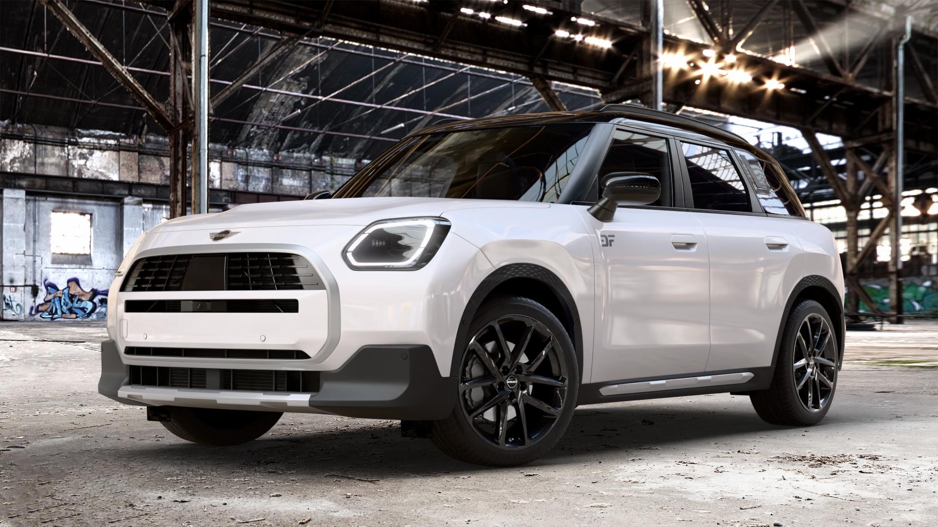 Borbet N black glossy Felge mit Reifen schwarz in 19Zoll Winterfelge Alufelge auf weissem Mini U25 Typ UMX (Countryman) 1,5l C 100kW Mild-Hybrid (136 PS) 115kW (156 2,0l JCW ALL4 221kW (300 D 110kW (150 0,0l E 68kW (92 S 150kW (204 SE 104kW (141 ⬇️ mit 15mm Tieferlegung ⬇️ Old Industrial Hall_max_4400mm_2024 Frontansicht_1