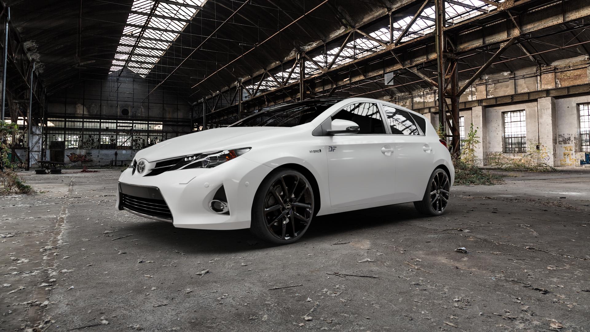 Borbet N black glossy Felge mit Reifen schwarz in 19Zoll Winterfelge Alufelge auf weissem Toyota Auris (12->) ⬇️ mit 15mm Tieferlegung ⬇️ Old Industrial Hall_max5000mm_2022 Frontansicht_1