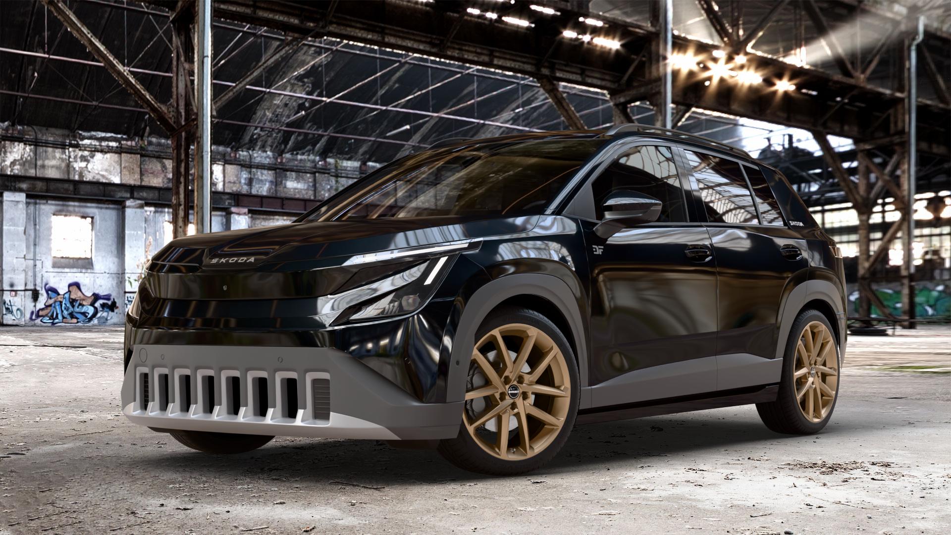 Borbet N bronce matt Felge mit Reifen bronze in 19Zoll Winterfelge Alufelge auf metallic schwarzem Skoda Epiq Typ PX ⬇️ mit 15mm Tieferlegung ⬇️ Old Industrial Hall_max_4400mm_2024 Frontansicht_1