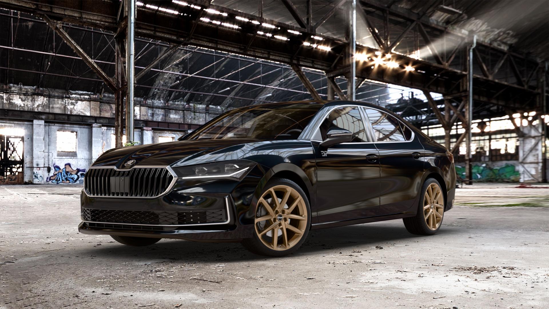 Borbet N bronce matt Felge mit Reifen bronze in 19Zoll Winterfelge Alufelge auf schwarzem metallic Skoda Superb IV Typ NZ ⬇️ mit 15mm Tieferlegung ⬇️ Old Industrial Hall_max_5300mm_2024 Frontansicht_1