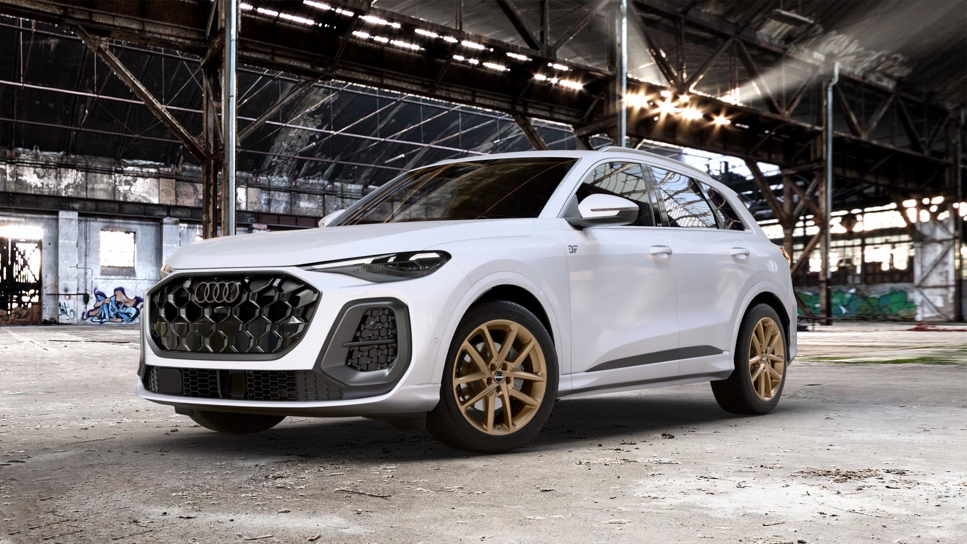 Borbet N bronce matt Felge mit Reifen bronze in 19Zoll Winterfelge Alufelge auf weissem Audi Q5 III Typ GU (FY) ⬇️ mit 15mm Tieferlegung ⬇️ Old Industrial Hall_max_5300mm_2024 Frontansicht_1