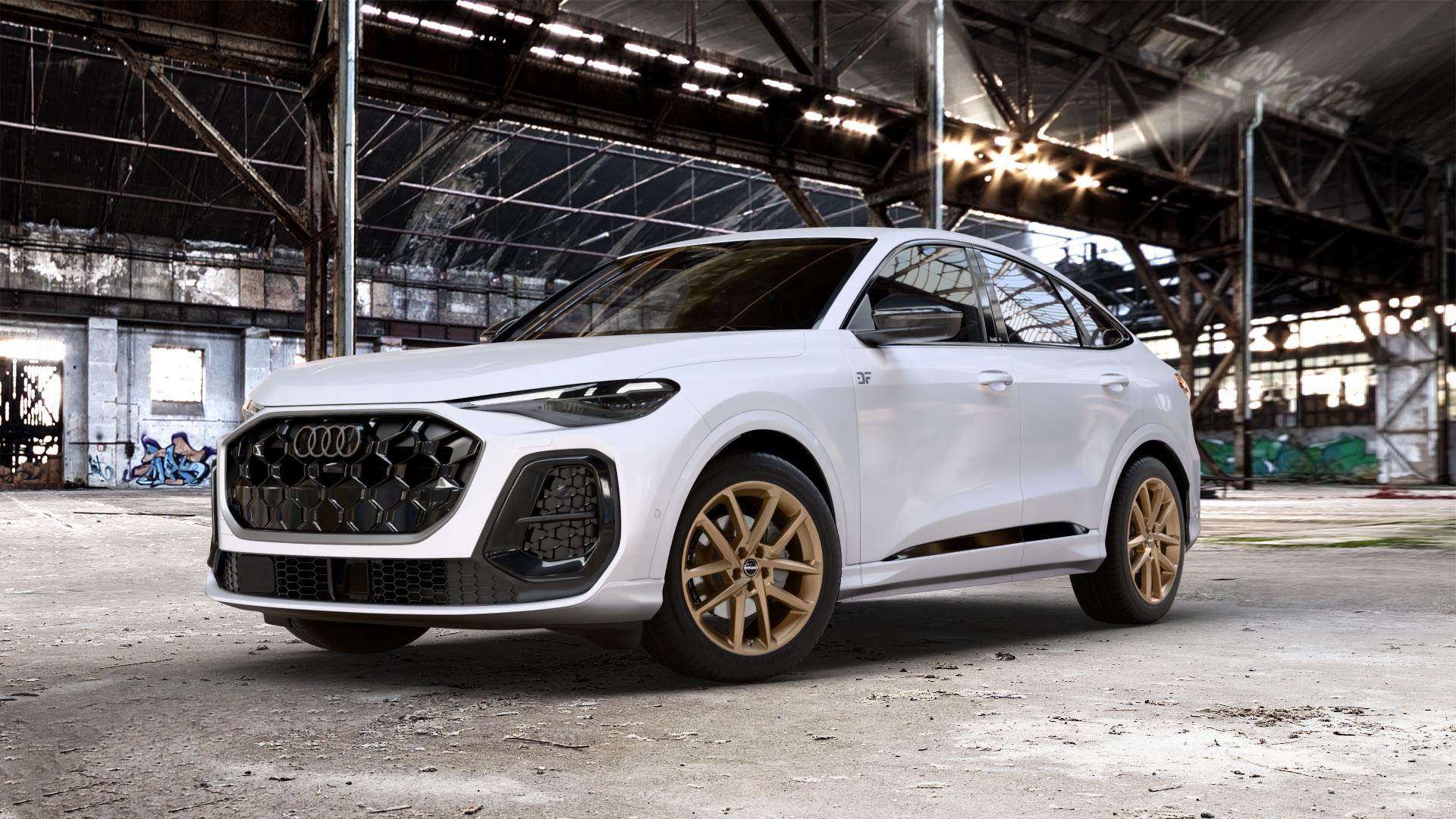 Borbet N bronce matt Felge mit Reifen bronze in 19Zoll Winterfelge Alufelge auf weissem Audi Q5 III Typ GU (FY) Sportback ⬇️ mit 15mm Tieferlegung ⬇️ Old Industrial Hall_max_5300mm_2024 Frontansicht_1
