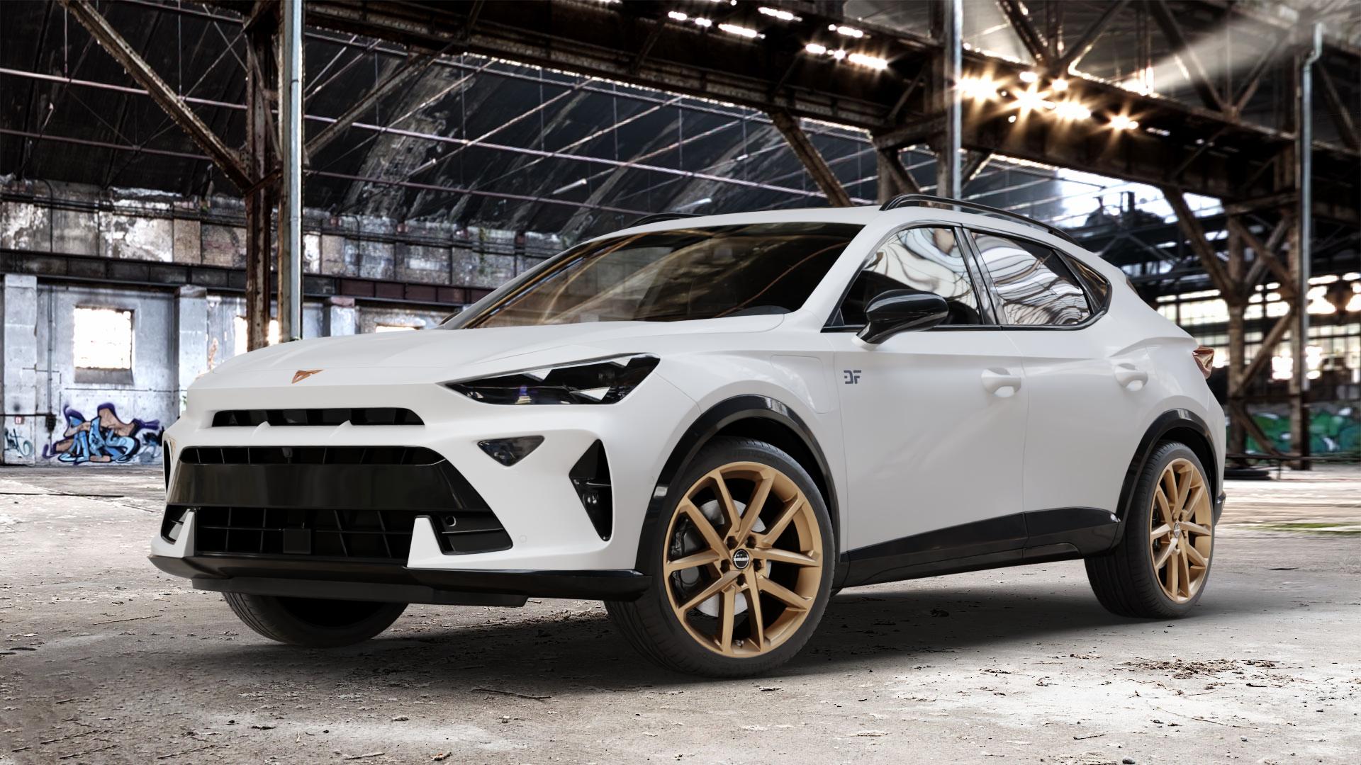 Borbet N bronce matt Felge mit Reifen bronze in 19Zoll Winterfelge Alufelge auf weissem Cupra Formentor Typ KM Facelift ⬇️ mit 15mm Tieferlegung ⬇️ Old Industrial Hall_max_4400mm_2024 Frontansicht_1