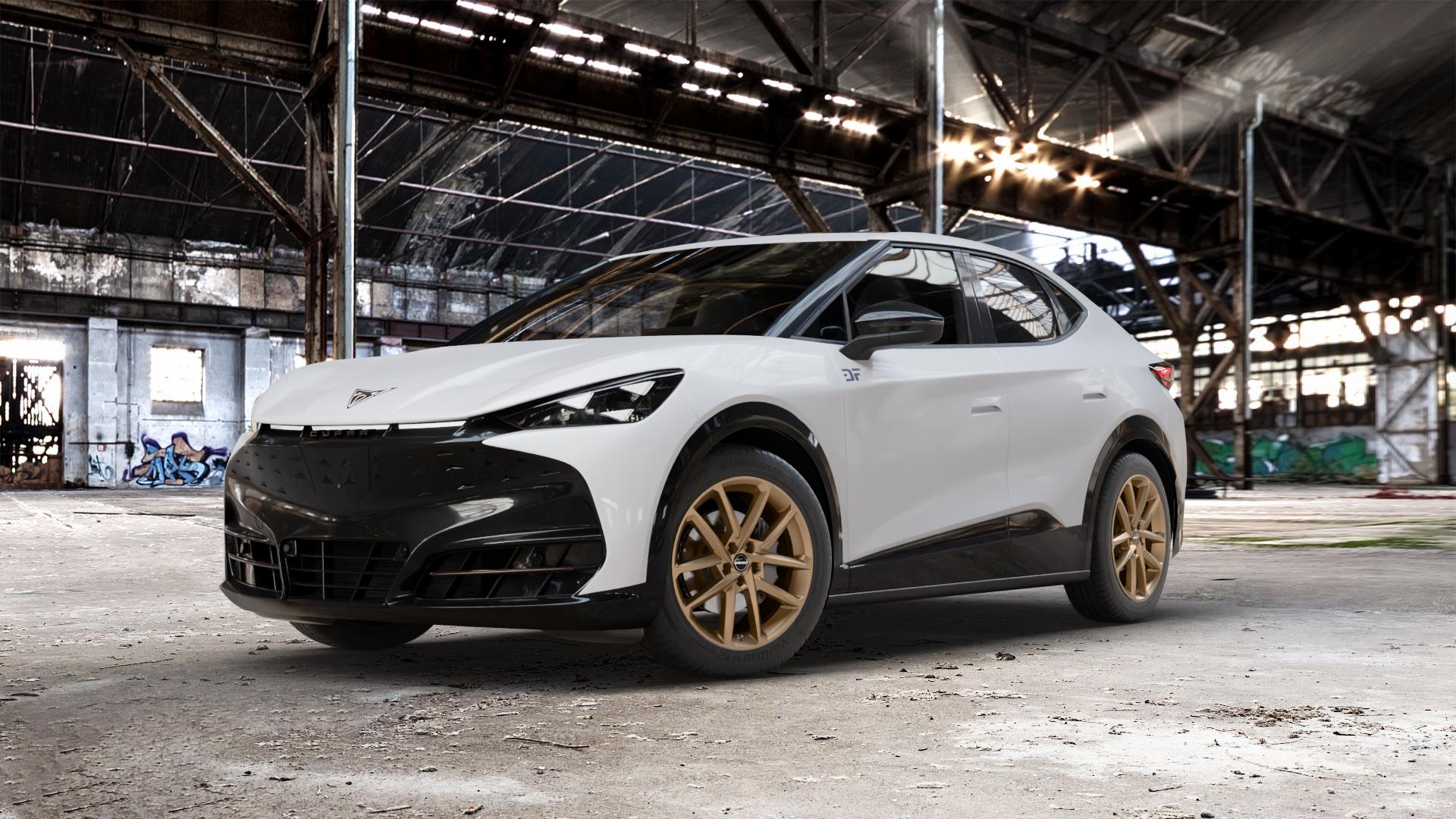 Borbet N bronce matt Felge mit Reifen bronze in 19Zoll Winterfelge Alufelge auf weissem Cupra Tavascan Typ KR ⬇️ mit 15mm Tieferlegung ⬇️ Old Industrial Hall_max_5300mm_2024 Frontansicht_1