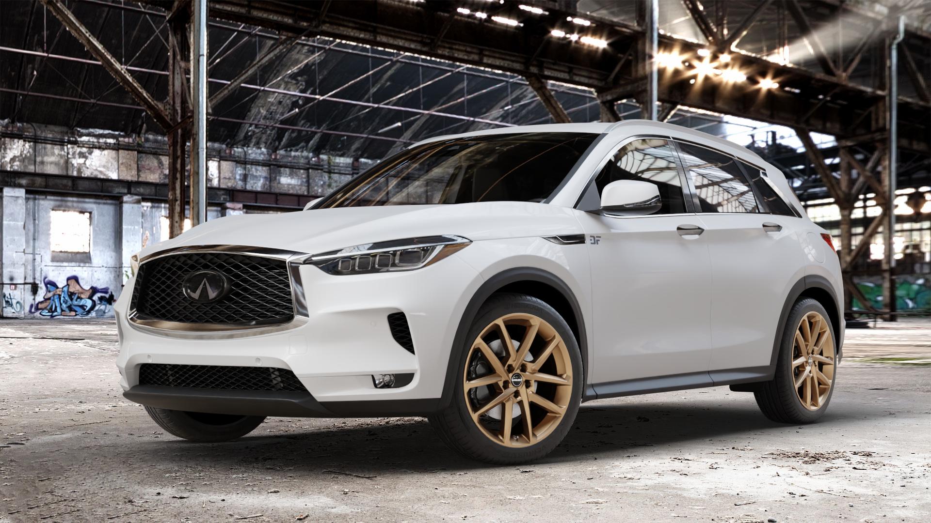 Borbet N bronce matt Felge mit Reifen bronze in 19Zoll Winterfelge Alufelge auf weissem Infiniti QX50 Q ⬇️ mit 15mm Tieferlegung ⬇️ Old Industrial Hall_max_4400mm_2024 Frontansicht_1