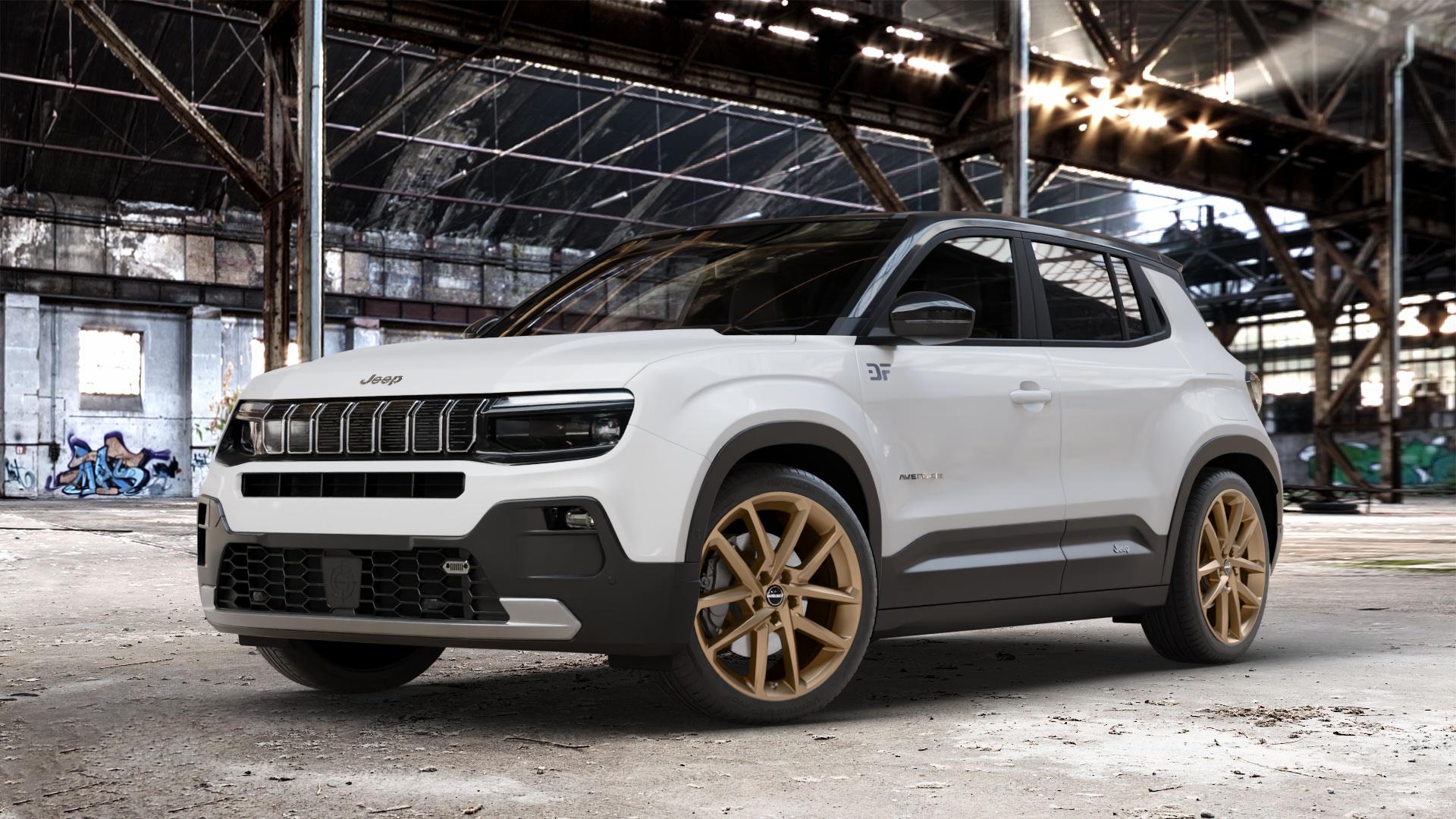 Borbet N bronce matt Felge mit Reifen bronze in 19Zoll Winterfelge Alufelge auf weissem Jeep Avenger Typ FH1 ⬇️ mit 15mm Tieferlegung ⬇️ Old Industrial Hall_max_4400mm_2024 Frontansicht_1