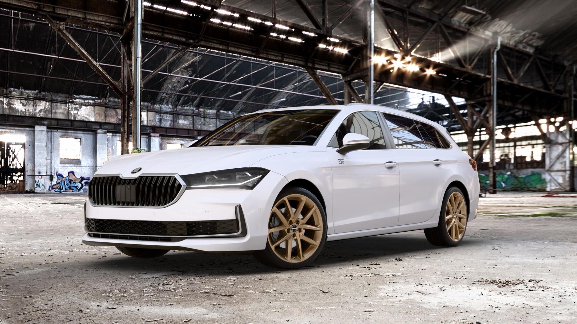 Borbet N bronce matt Felge mit Reifen bronze in 19Zoll Winterfelge Alufelge auf weissem Skoda Superb IV Kombi Typ NZ 1,5l TSI 110kW Mild-Hybrid (150 PS) Hybrid 2,0l TDI 4x4 142kW (193 195kW (265 ⬇️ mit 15mm Tieferlegung ⬇️ Old Industrial Hall_max_5300mm_2024 Frontansicht_1