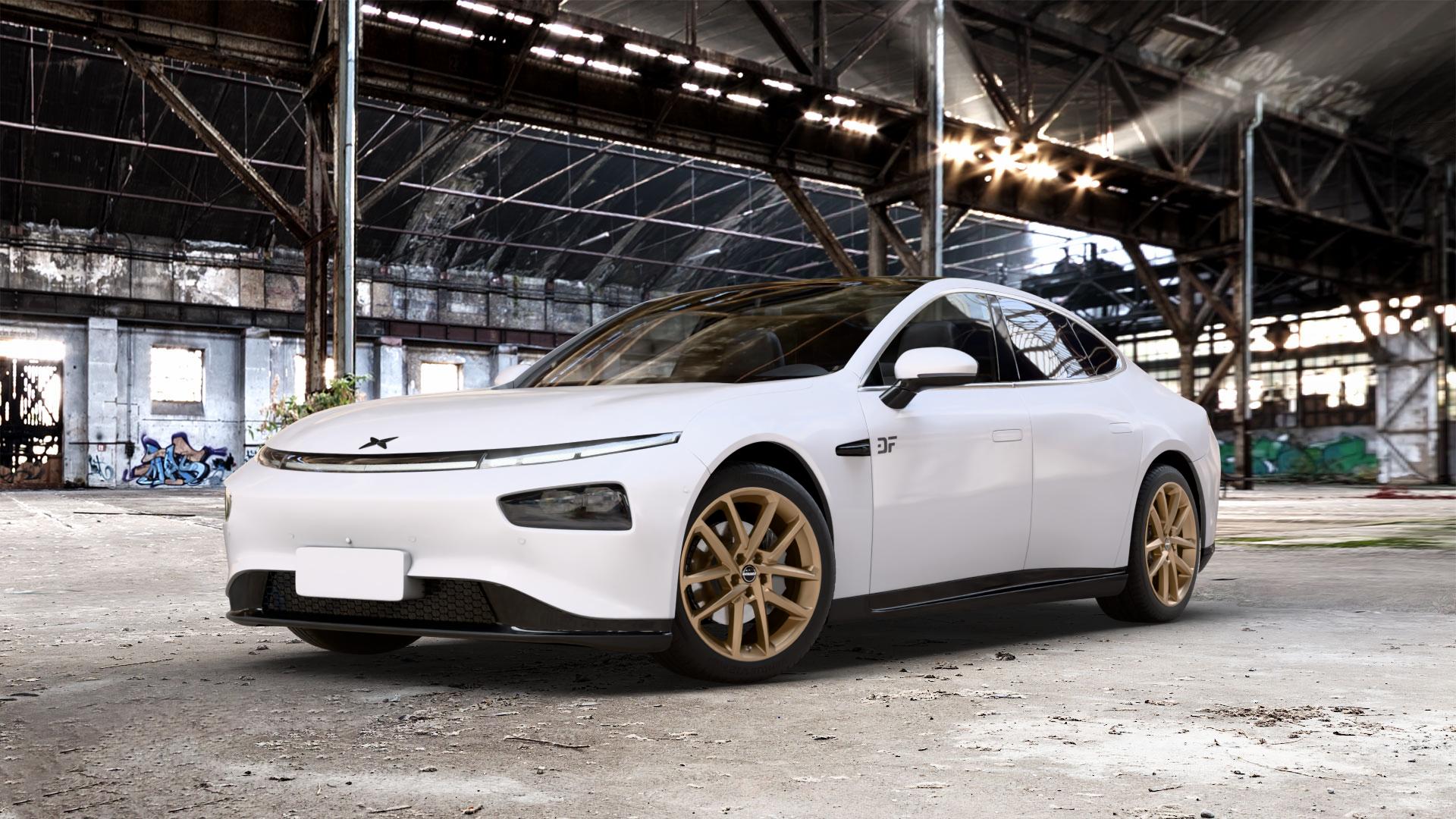 Borbet N bronce matt Felge mit Reifen bronze in 19Zoll Winterfelge Alufelge auf weissem Xpeng P7 Typ P7B 0,0l 80kW (109 PS) 100kW AWD (136 124kW (169 ⬇️ mit 15mm Tieferlegung ⬇️ Old Industrial Hall_max_5300mm_2024 Frontansicht_1