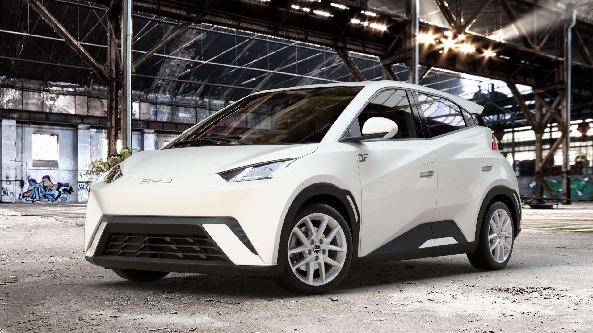 Borbet N crystal silver Felge mit Reifen silber in 16Zoll Winterfelge Alufelge auf weissem BYD Dolphin Surf Typ EQE 0,0l 35kW EV300 (48 PS) 60kW EV400 (82 ⬇️ mit 15mm Tieferlegung ⬇️ Old Industrial Hall_max_4400mm_2024 Frontansicht_1