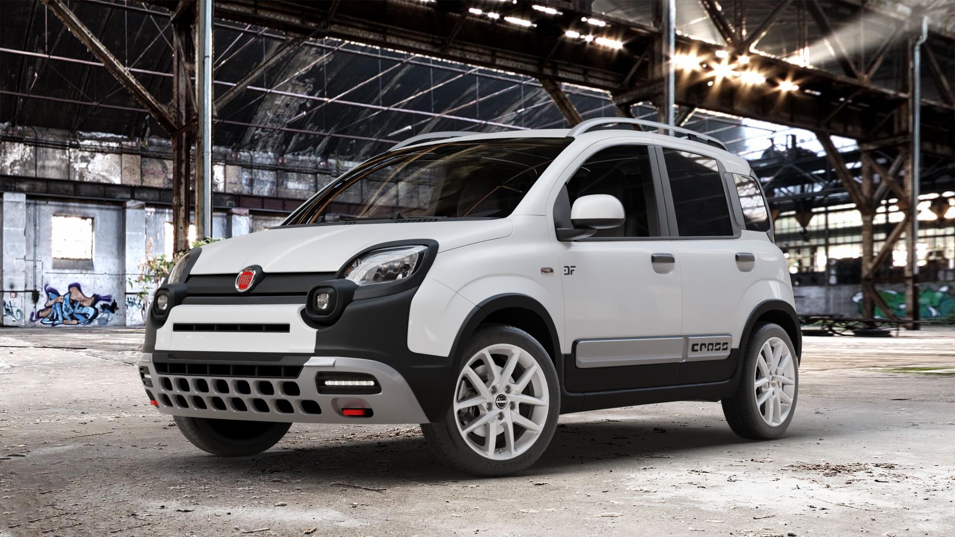 Borbet N crystal silver Felge mit Reifen silber in 16Zoll Winterfelge Alufelge auf weissem Fiat Panda Cross Typ 312 ⬇️ mit 15mm Tieferlegung ⬇️ Old Industrial Hall_max_4400mm_2024 Frontansicht_1