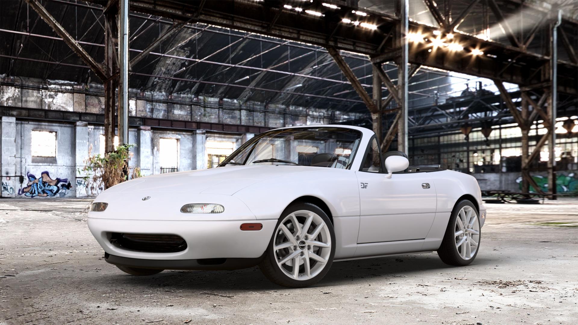 Borbet N crystal silver Felge mit Reifen silber in 16Zoll Winterfelge Alufelge auf weissem Mazda MX-5 I (NA) ⬇️ mit 15mm Tieferlegung ⬇️ Old Industrial Hall_max_4400mm_2024 Frontansicht_1